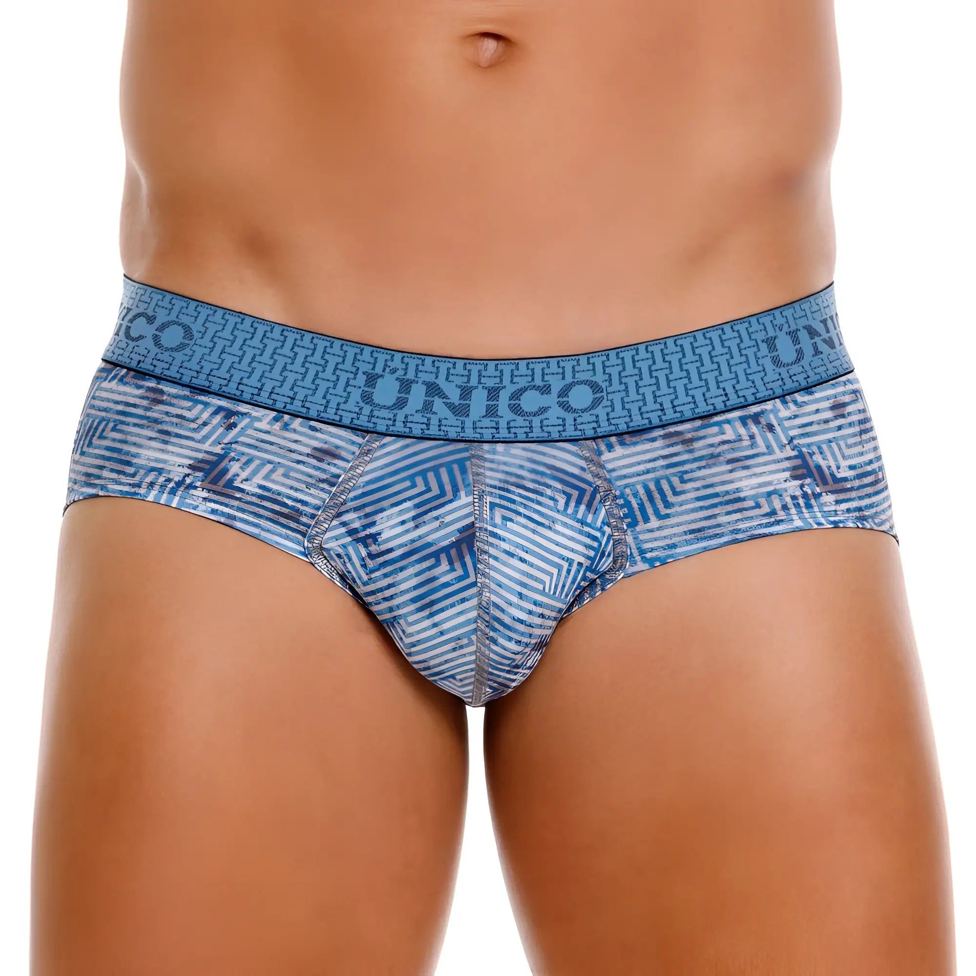 Unico 25020101111 Ostion briefs in blue and white geometric pattern with textured waistband for men