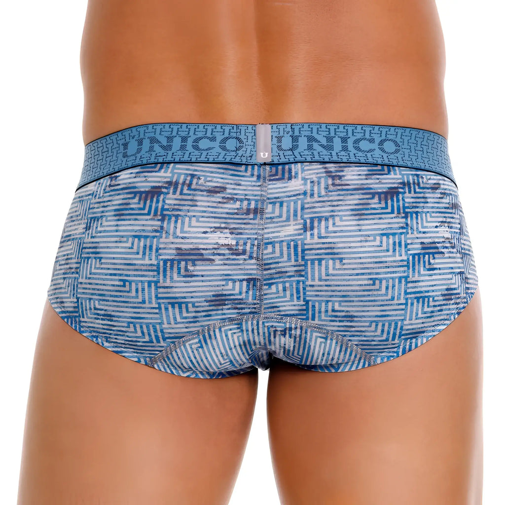 Unico 25020101111 ostion briefs in blue with white geometric pattern and branded waistband for men