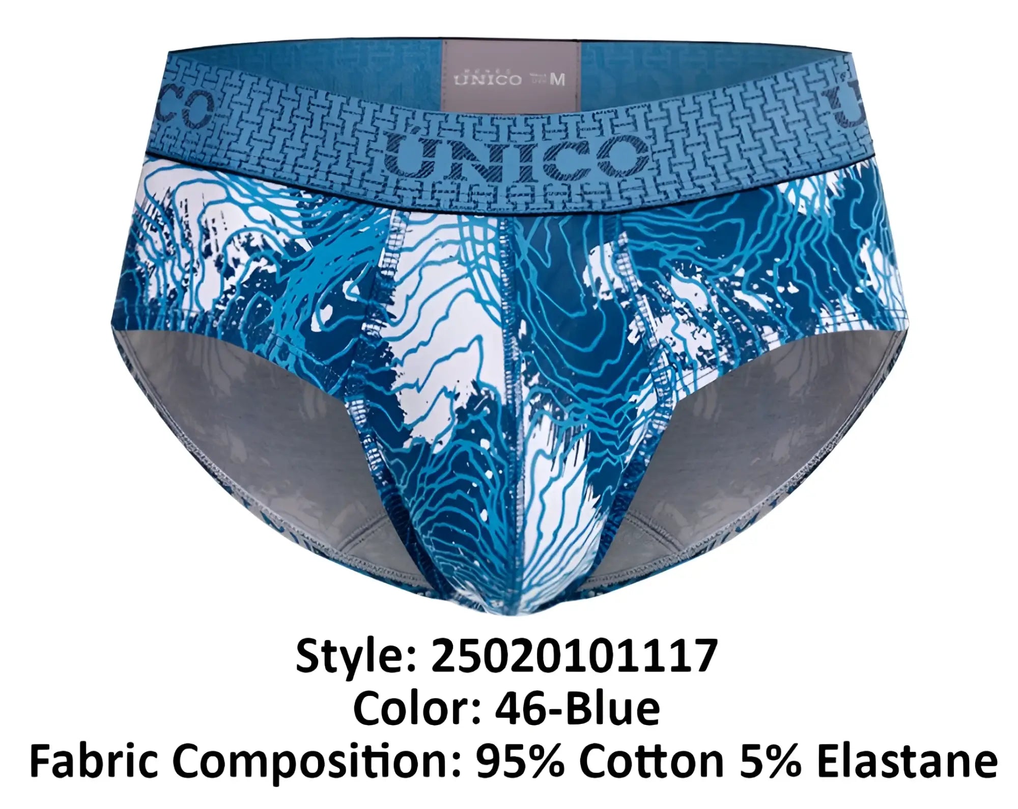 Unico 25020101117 barniz briefs in blue featuring a topographic map design and elastic waistband for men