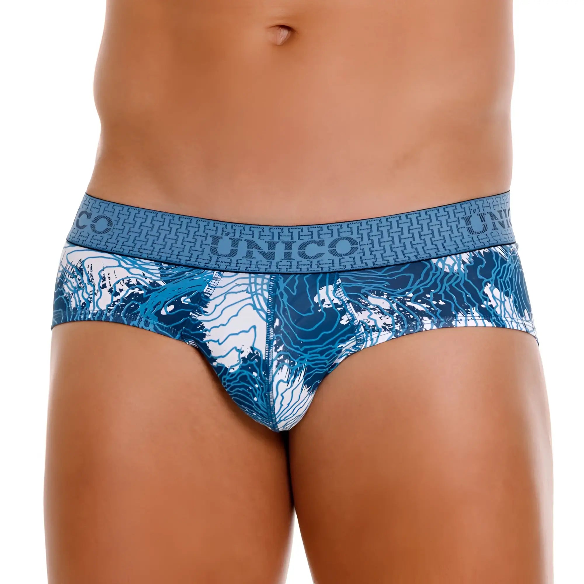 Blue and white patterned unico 25020101117 barniz briefs with geometric waistband design for men