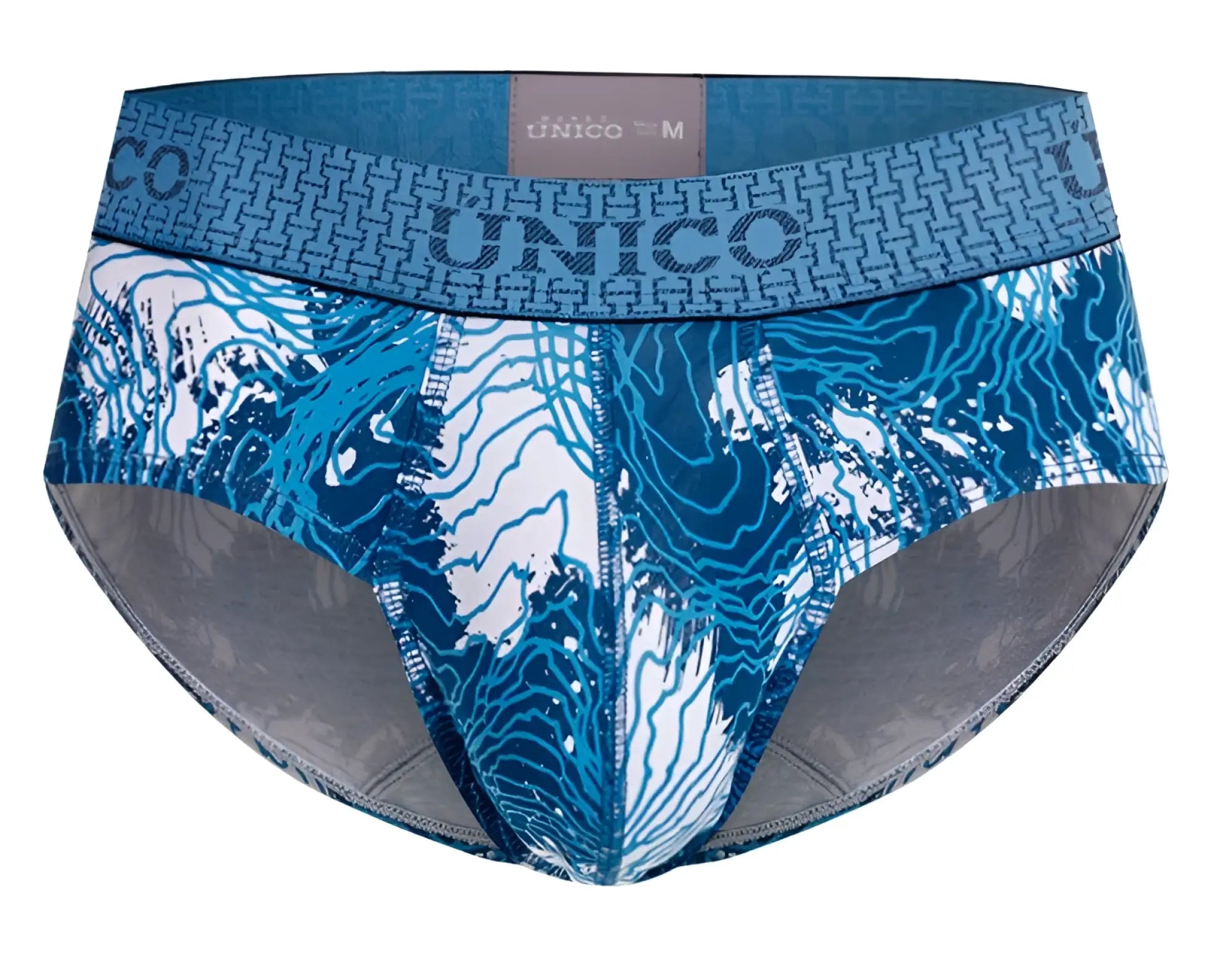 Unico 25020101117 barniz briefs men’s blue and white patterned briefs with geometric waistband design