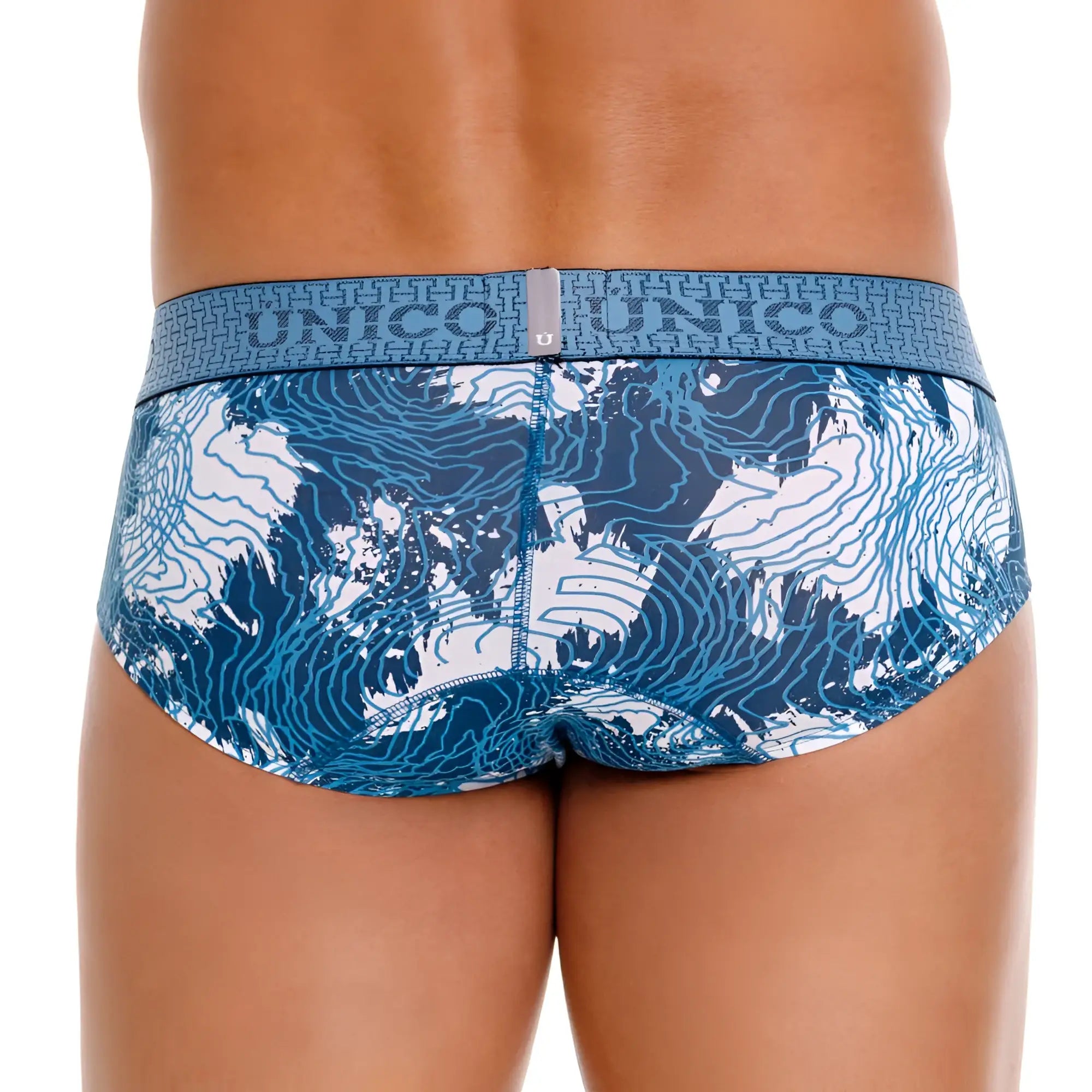 Unico 25020101117 barniz briefs in blue feature blue and white topographic map pattern with branded elastic waistband