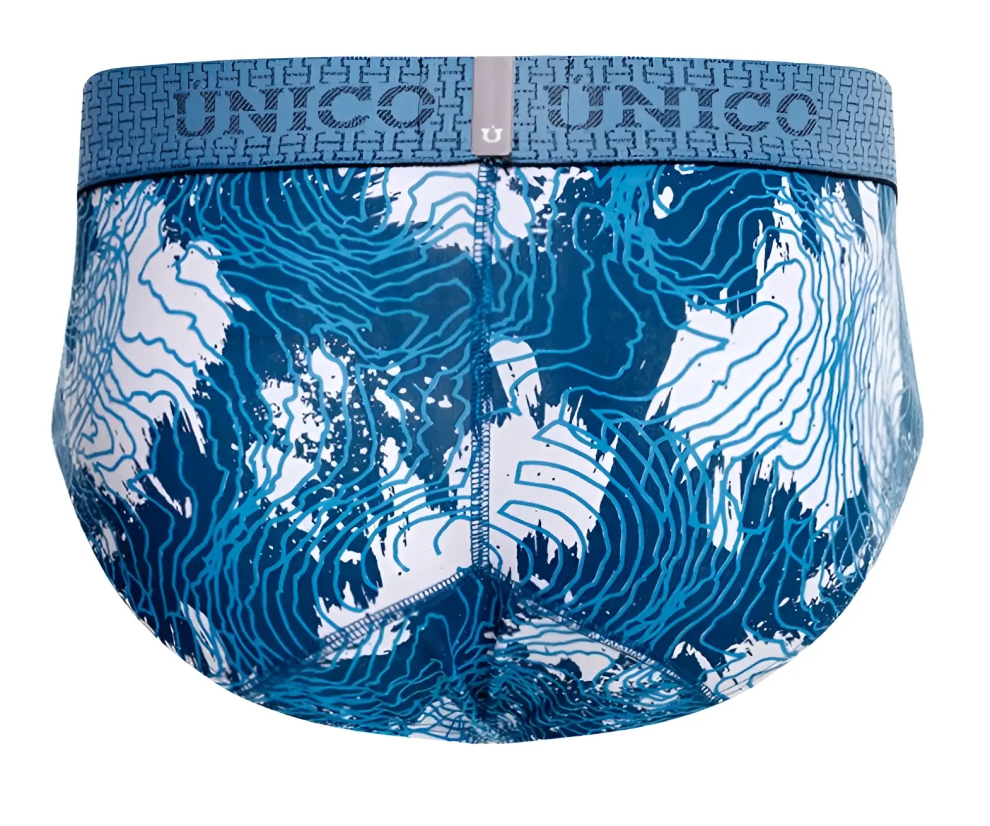 Unico barniz briefs for men featuring blue and white topographic map pattern in comfortable stretch fabric