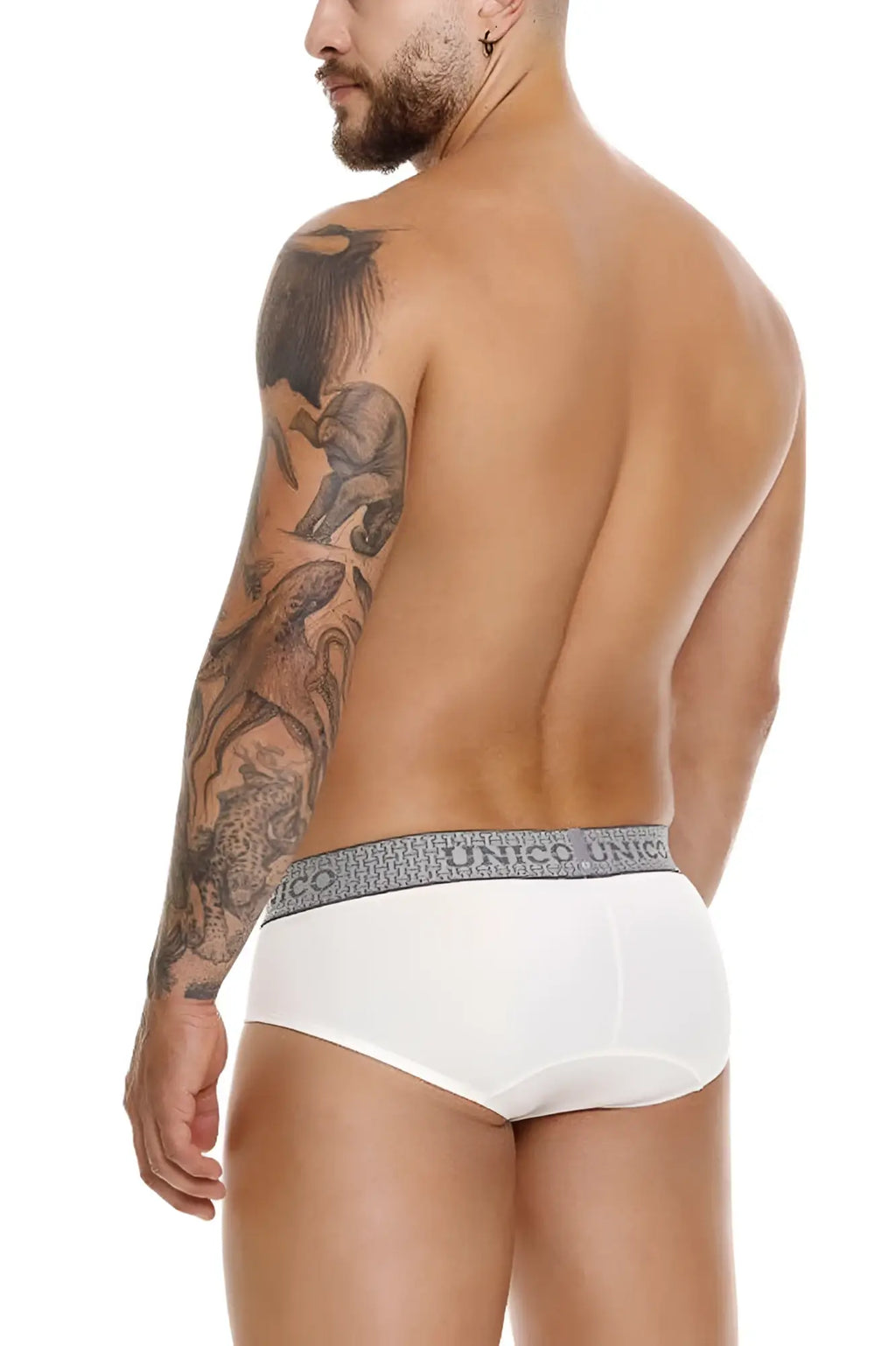 White unico 25020101120 marfil briefs featuring gray elastic waistband with repeating unico brand name in color 02-white