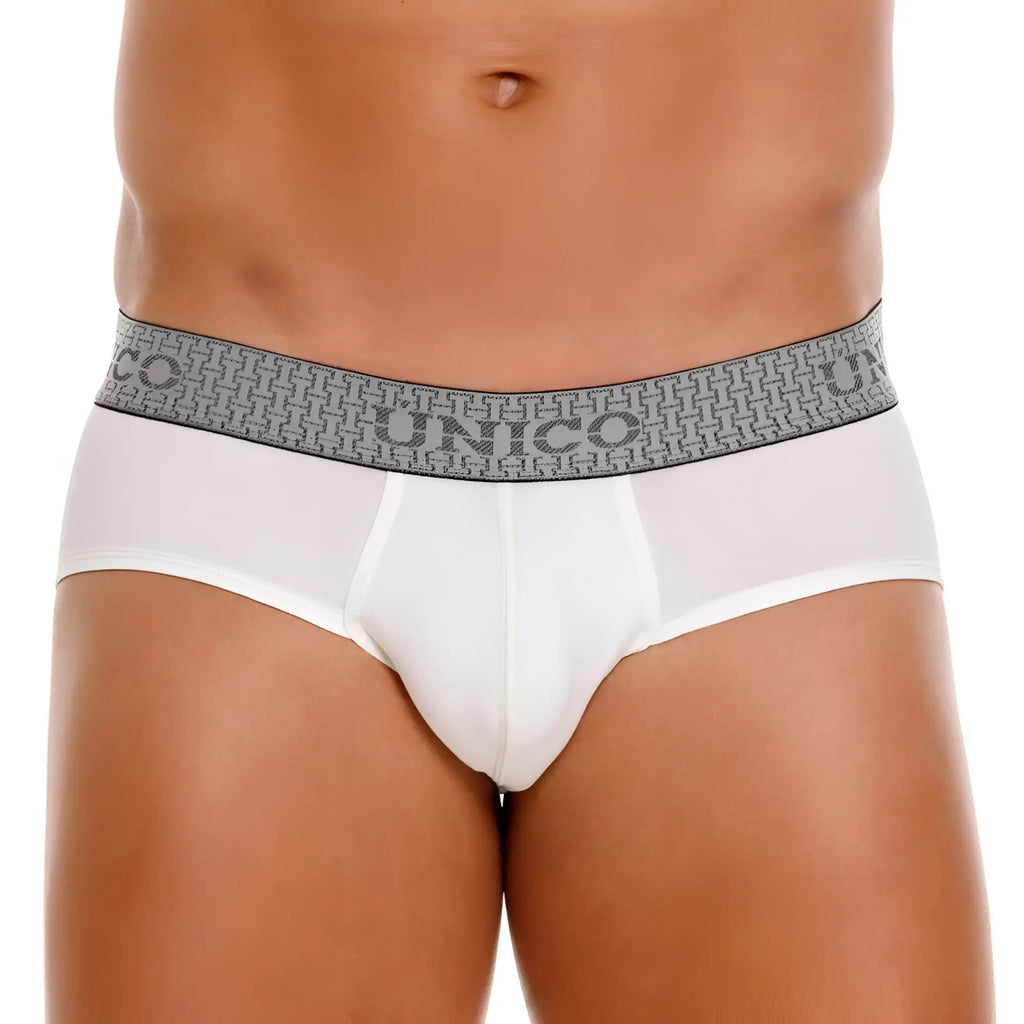 White unico 25020101120 marfil briefs with gray patterned waistband featuring unico brand name in white color