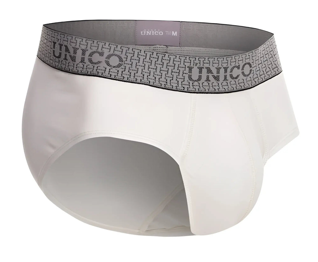 White unico 25020101120 marfil men’s briefs with gray patterned waistband featuring the brand name