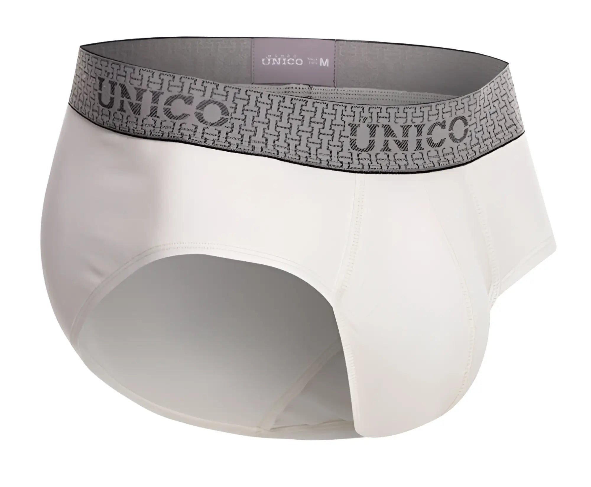 White unico 25020101120 marfil men’s briefs with gray patterned waistband featuring the brand name