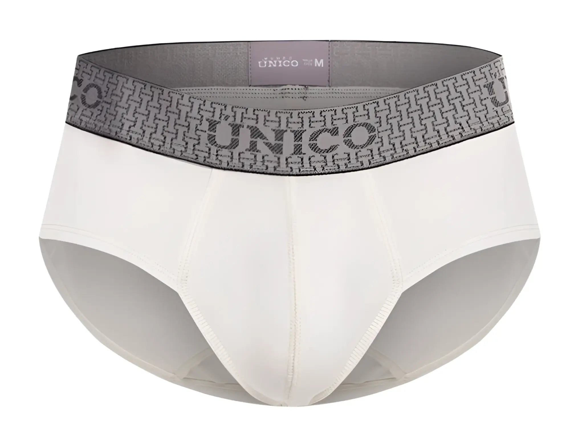 White unico 25020101120 marfil briefs with a gray patterned waistband featuring the unico brand name in bold letters