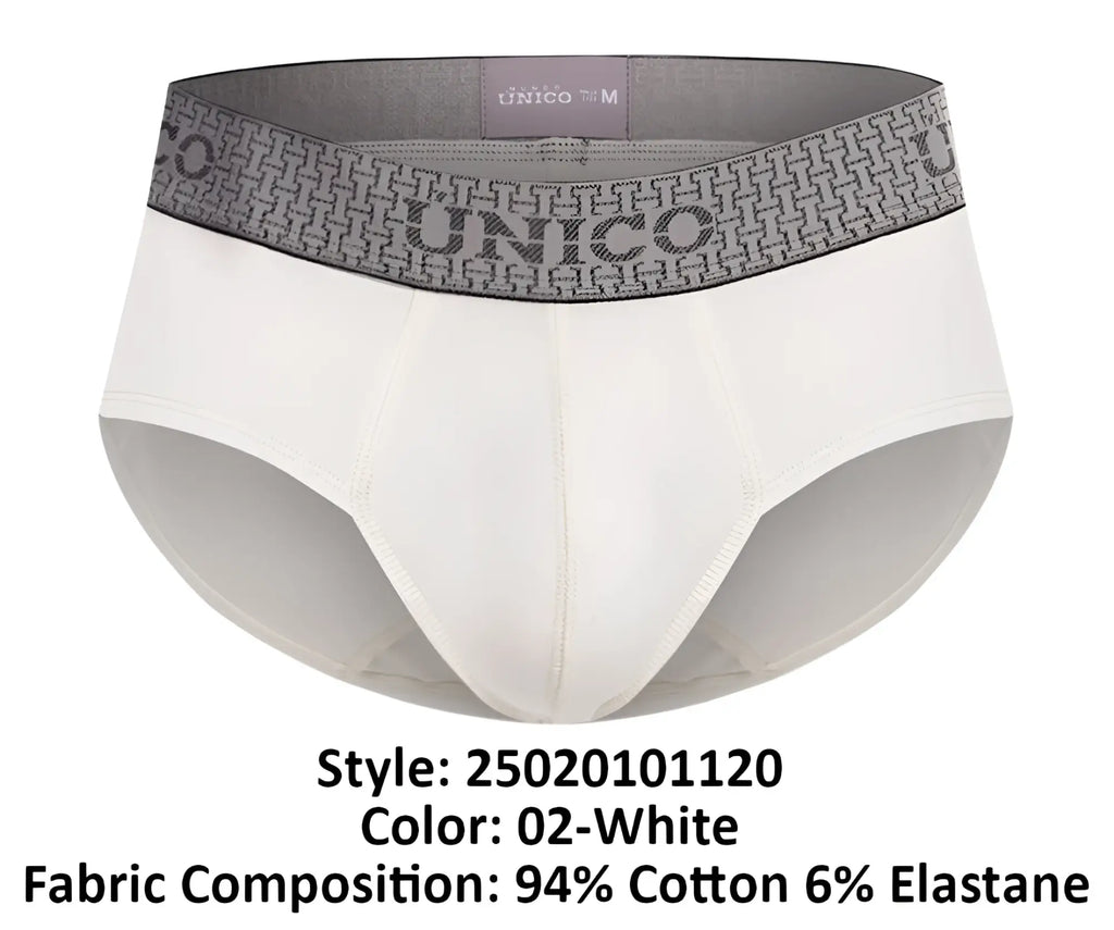 White unico men’s briefs with a gray patterned waistband featuring the brand name in color 02-white marfil brief