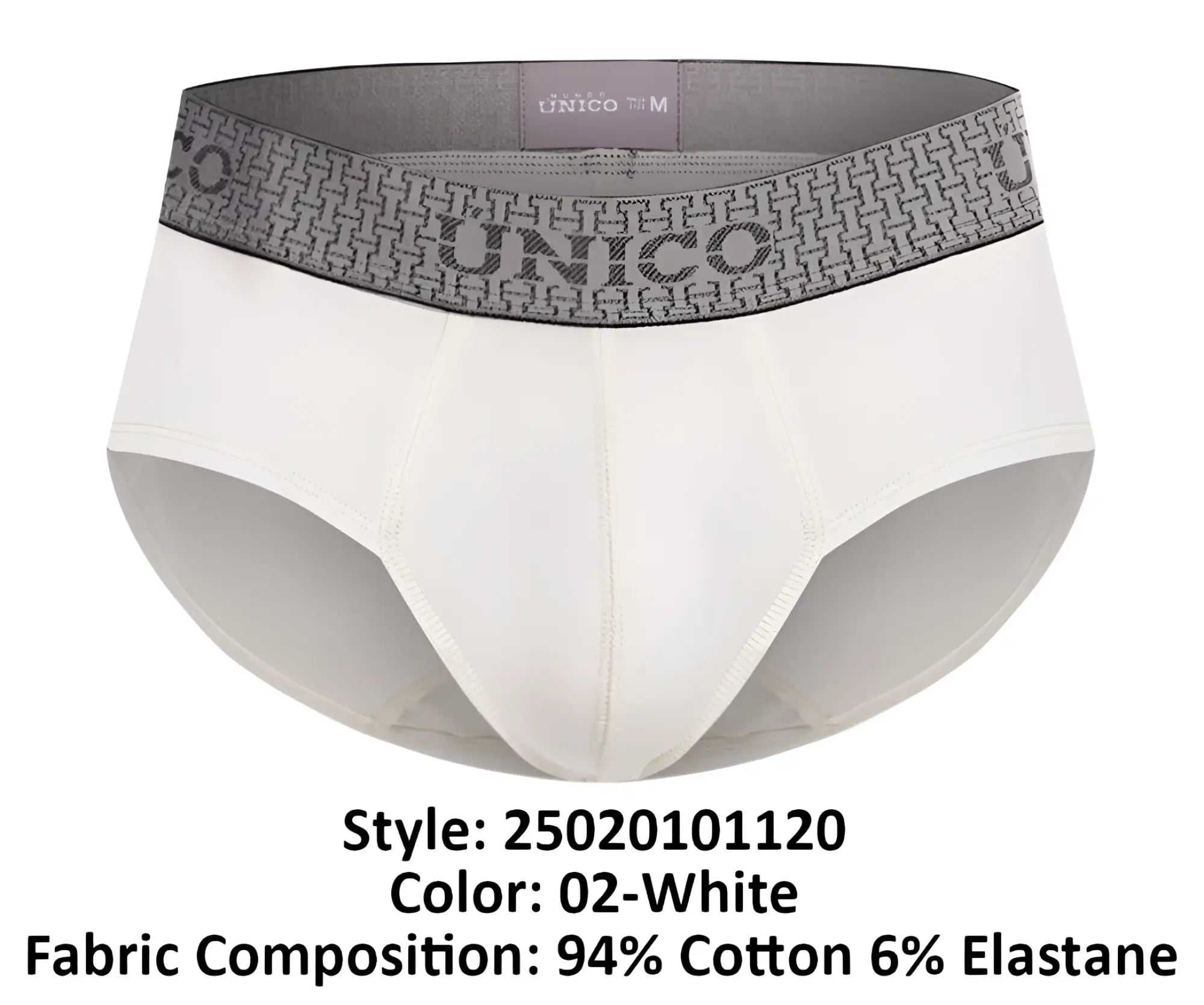 White unico men’s briefs with a gray patterned waistband featuring the brand name in color 02-white marfil brief