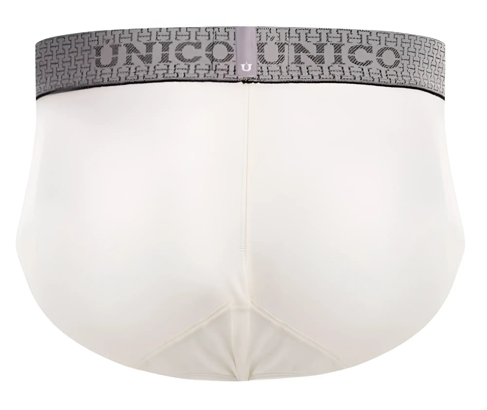 White unico 25020101120 marfil brief with gray patterned waistband featuring the brand name design
