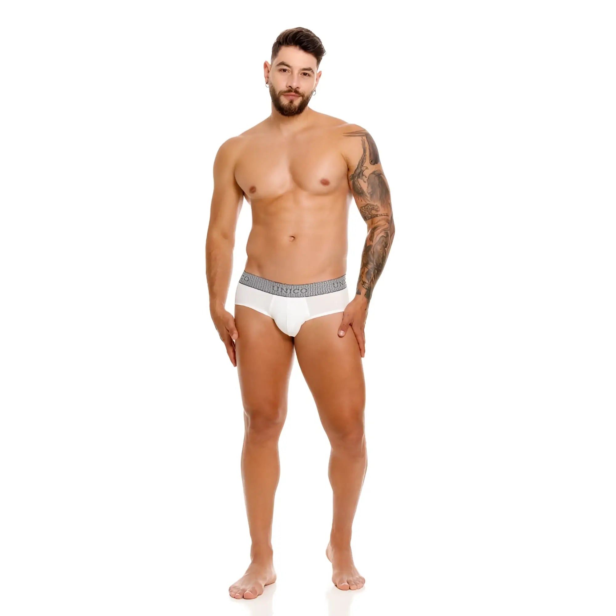 White men’s mineco briefs unico 25020101120 marfil with gray patterned waistband and black brand lettering