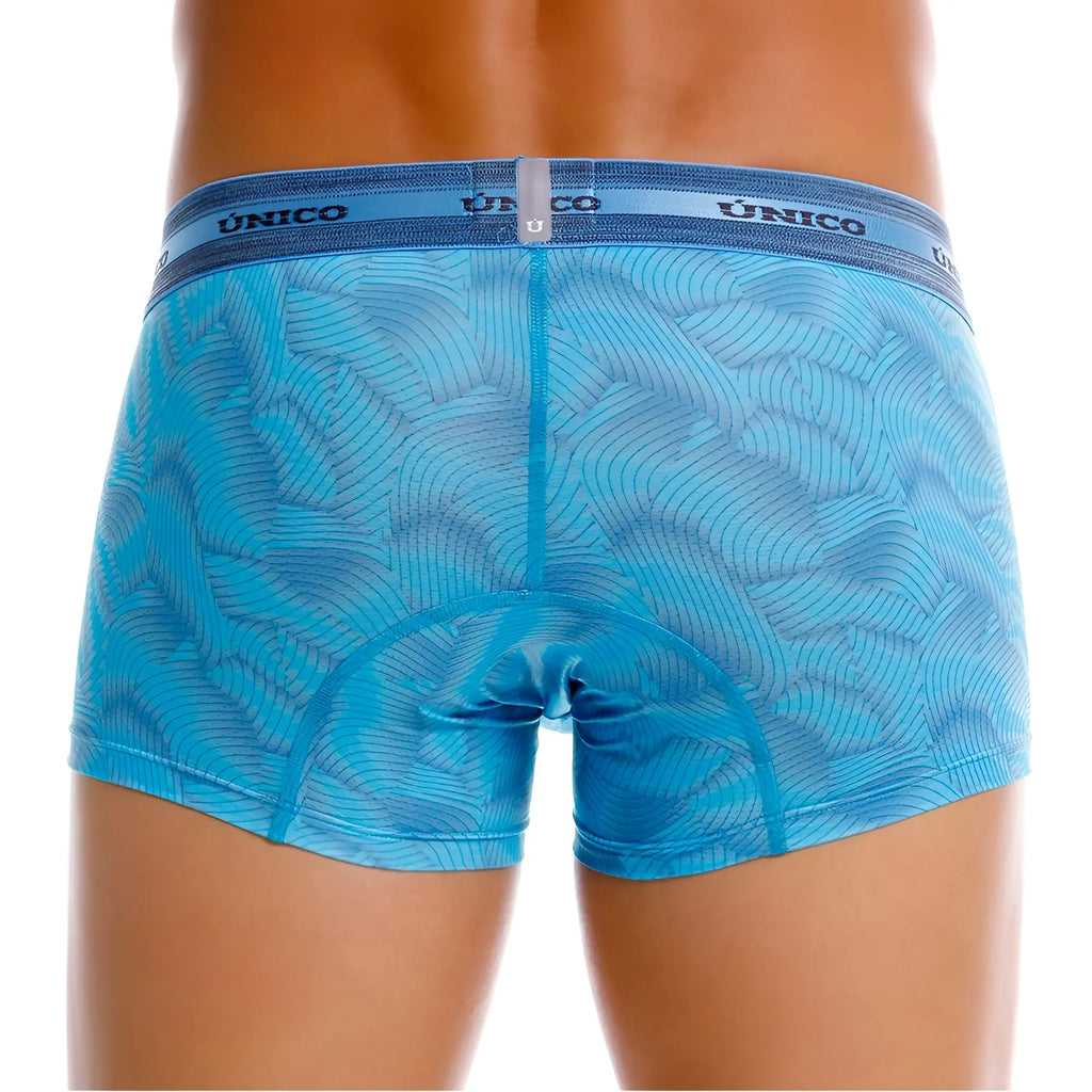 Blue unico boxer briefs with subtle wave-patterned fabric and branded waistband in color 46 blue modelo estreza trunks