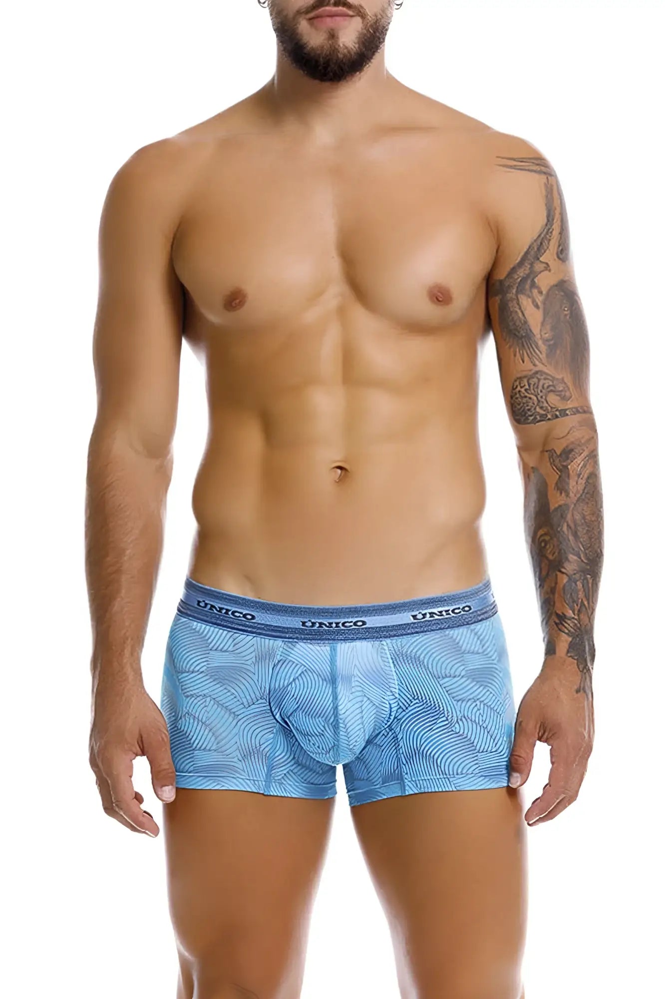 Light blue unico Estraza trunks with subtle leaf pattern and logo on waistband ideal for comfortable everyday wear