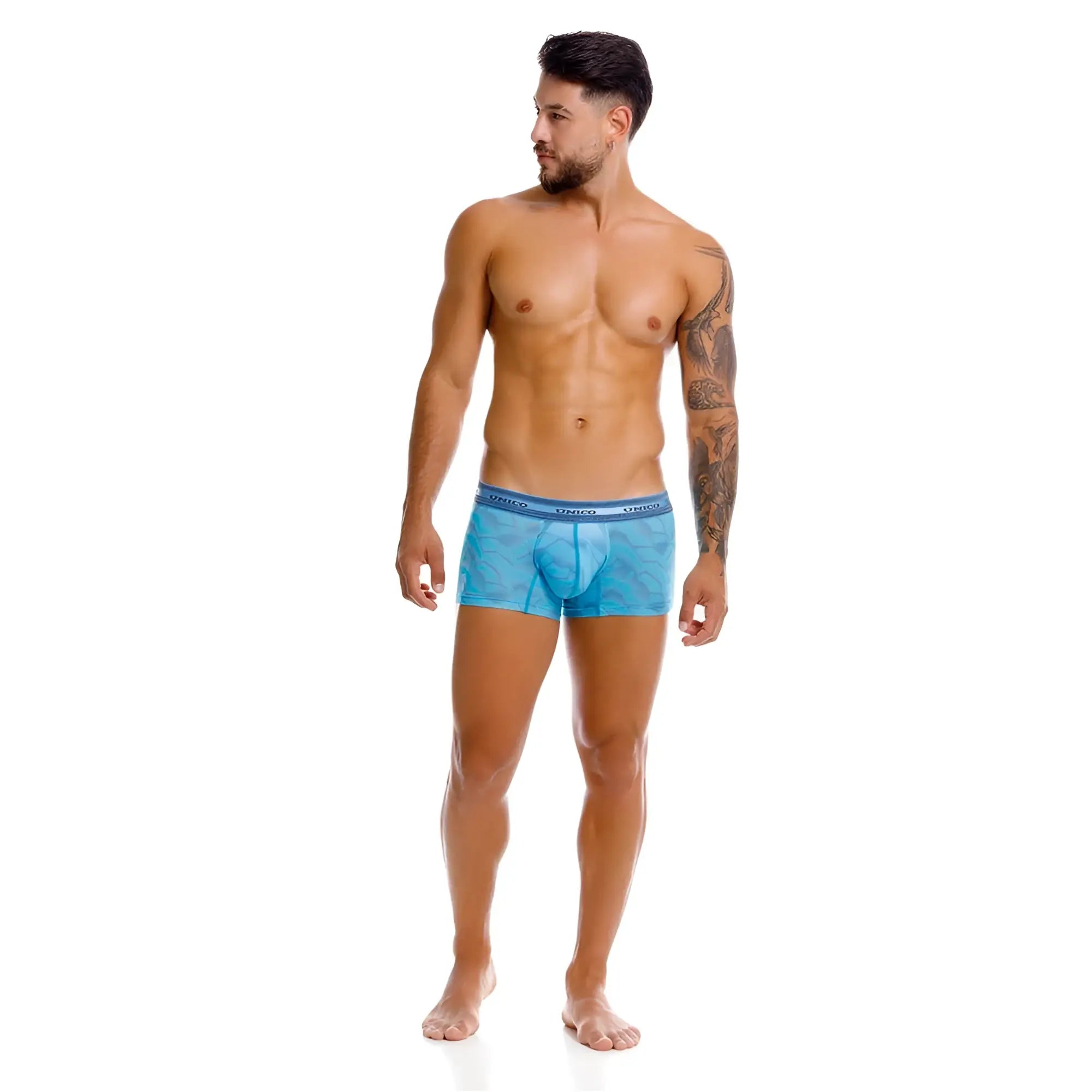 Unico 25040100101 estraza men’s blue patterned boxer briefs with matching elastic waistband for comfortable wear