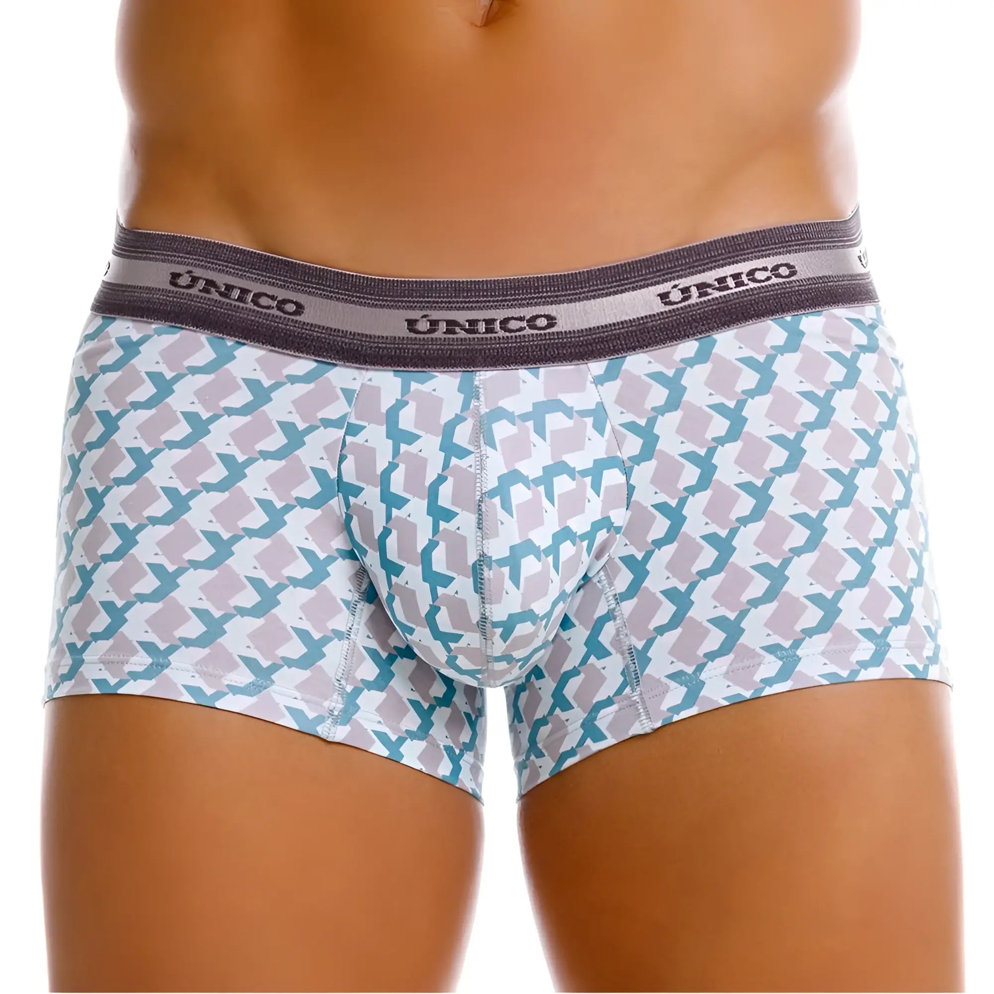 Unico 25040100115 Caterva trunks white boxer briefs with light blue pink geometric pattern and dark gray waistband
