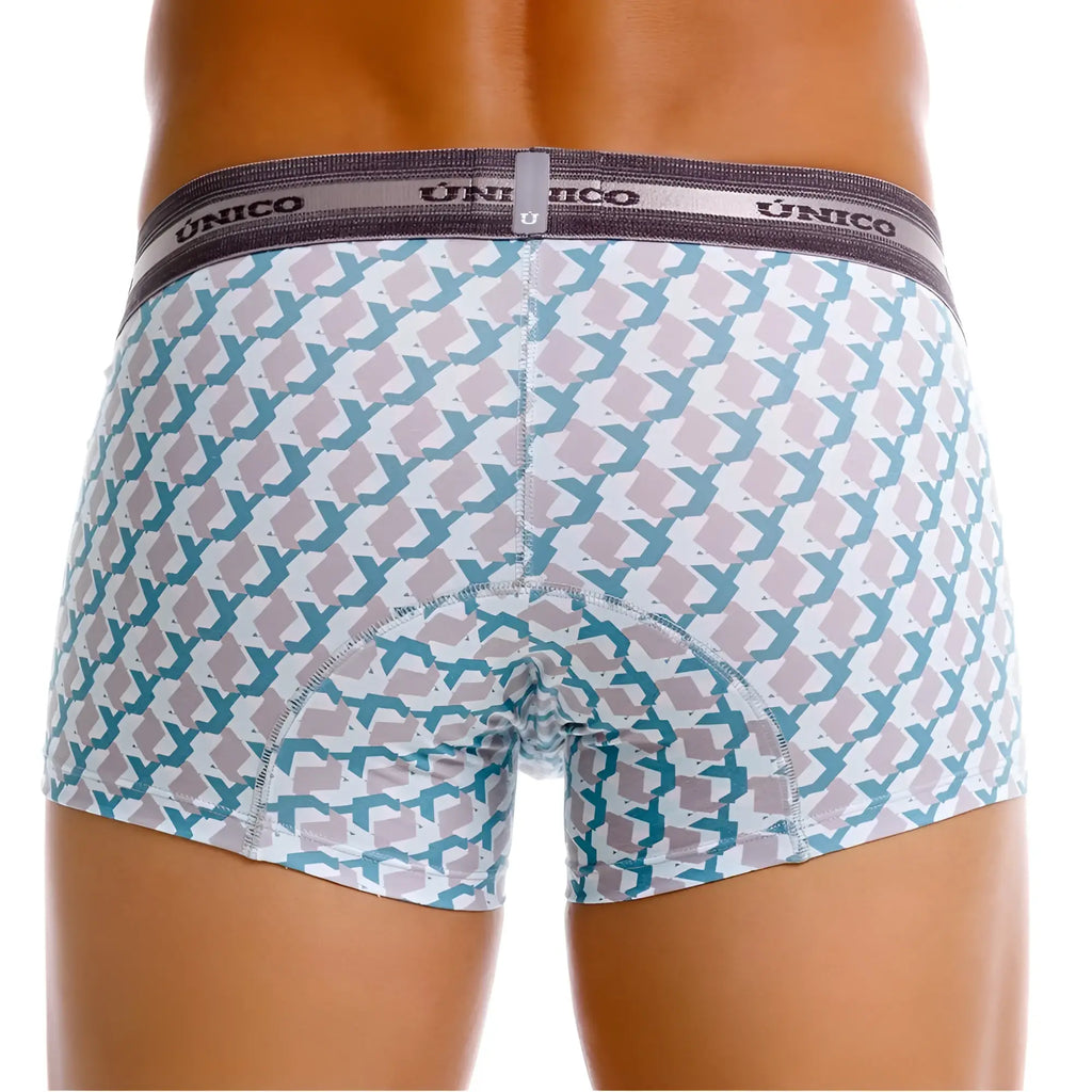 Unico 25040100115 Caterva trunks for men with white base and teal light gray geometric print and dark gray waistband