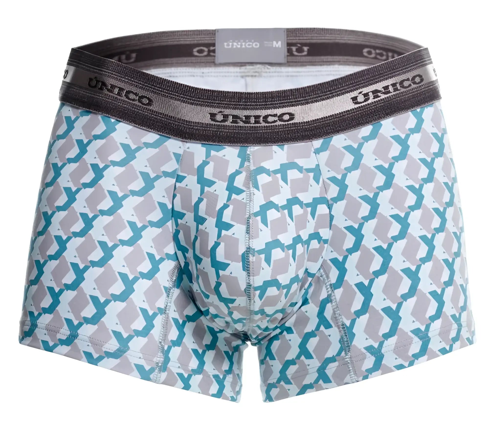 Unico 25040100115 caterva trunks with teal and gray geometric pattern on white base and elastic waistband men’s boxer briefs
