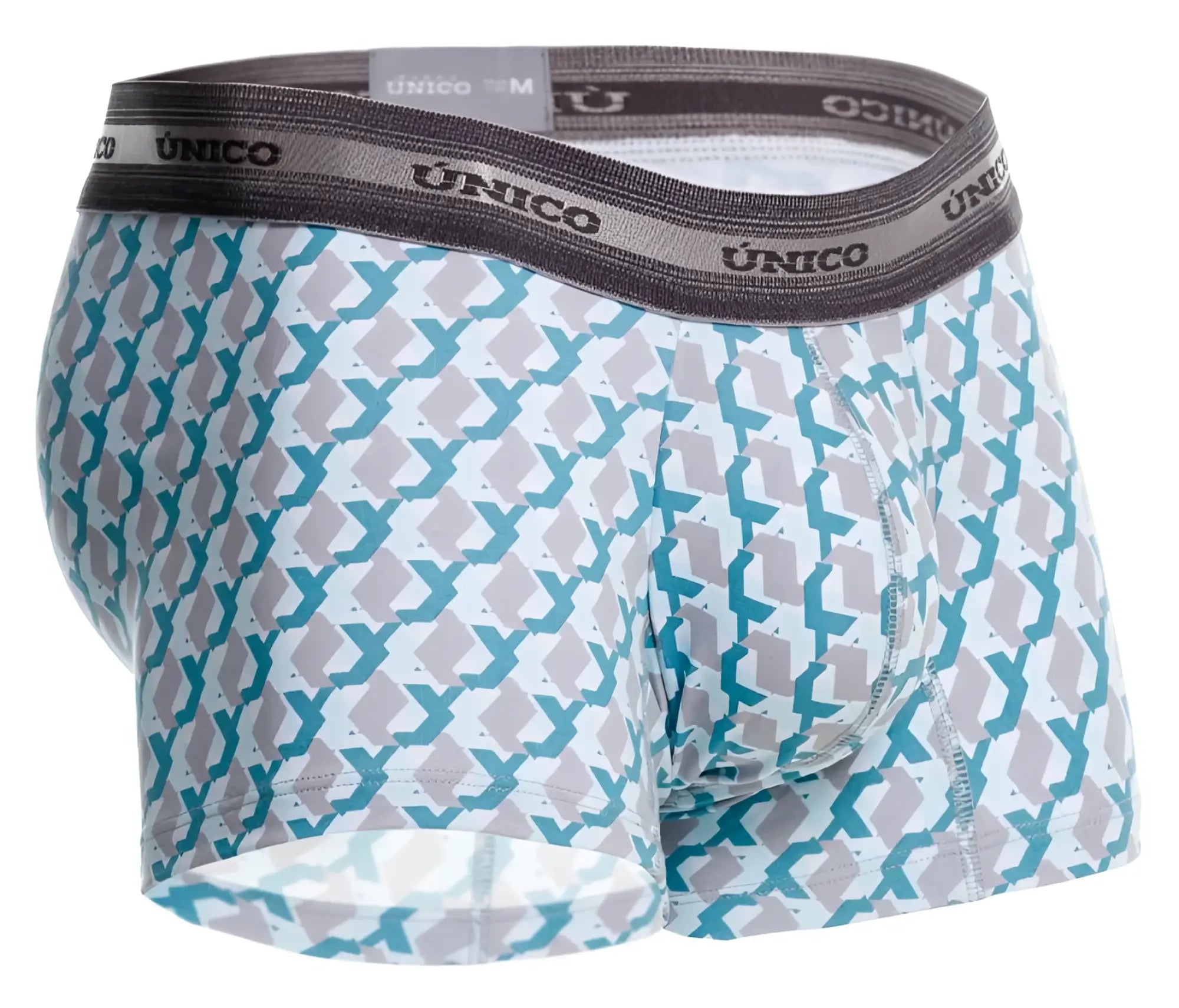 A pair of unico 25040100115 caterva trunks featuring teal and gray geometric prints on white with dark gray waistband