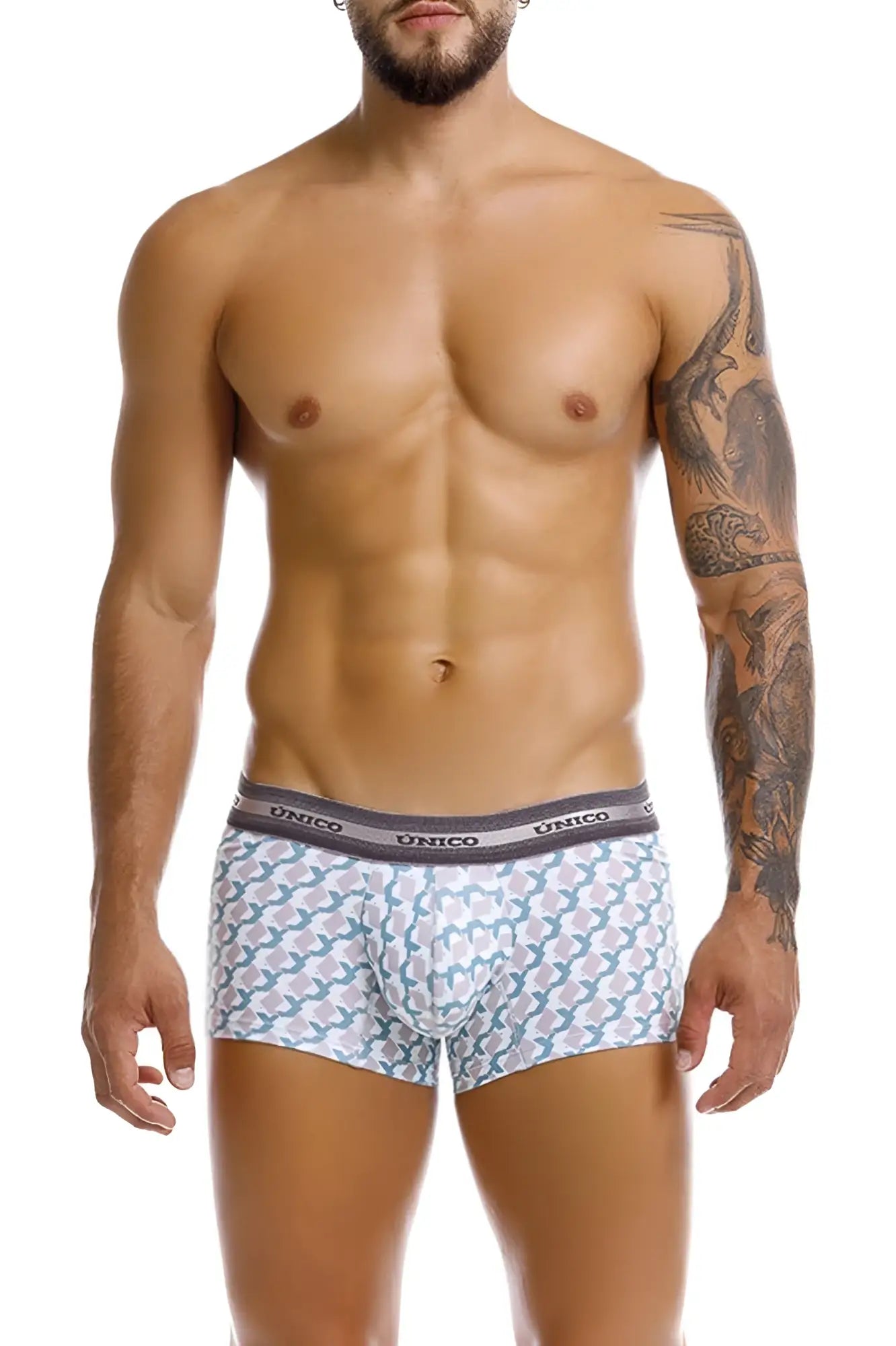 Unico 25040100115 Caterva trunks in white and light blue pattern with gray waistband boxer briefs front view