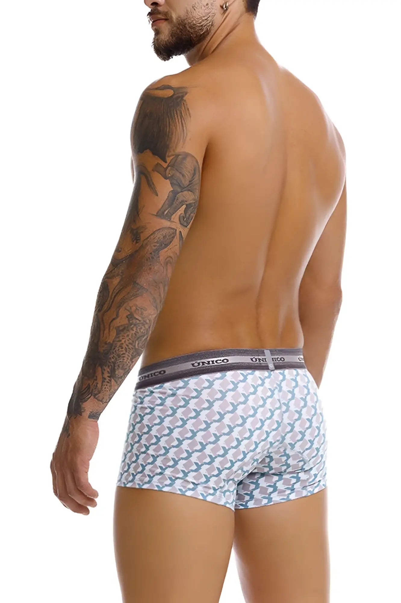 White briefs with teal and gray geometric pattern and dark gray unico branded waistband unisex trunks color 43 printed