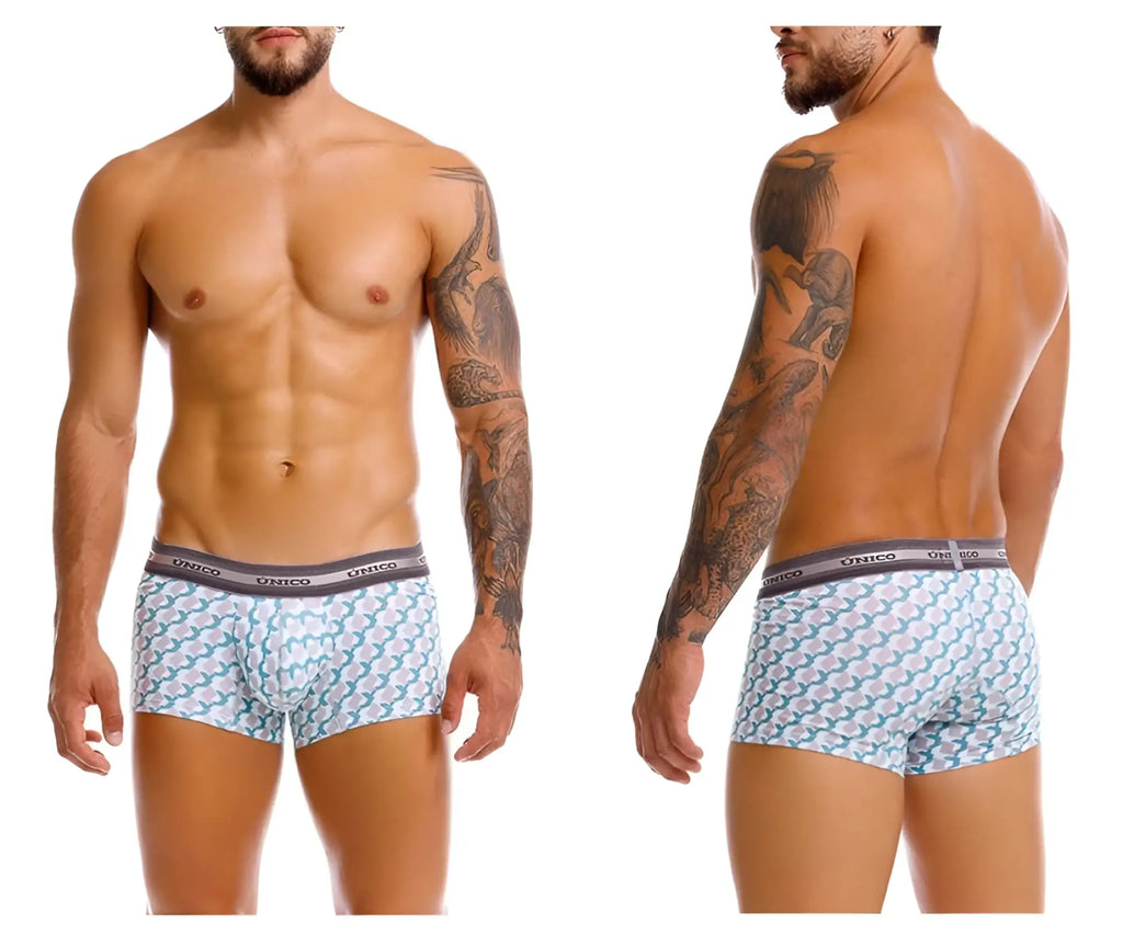 Unico caterva trunks in white and teal with a printed repeating geometric design for men