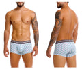 Unico caterva trunks in white and teal with a printed repeating geometric design for men