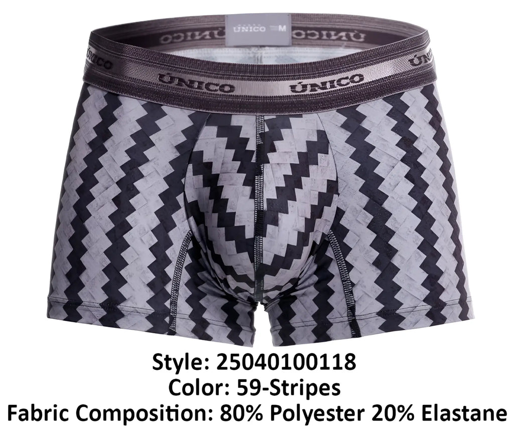 Black and gray zigzag-striped tricotosa trunks with branded elastic waistband color 59 stripes