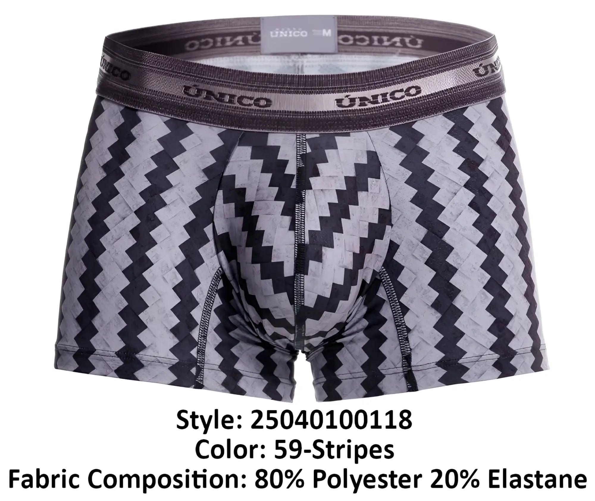 Black and gray zigzag-striped tricotosa trunks with branded elastic waistband color 59 stripes