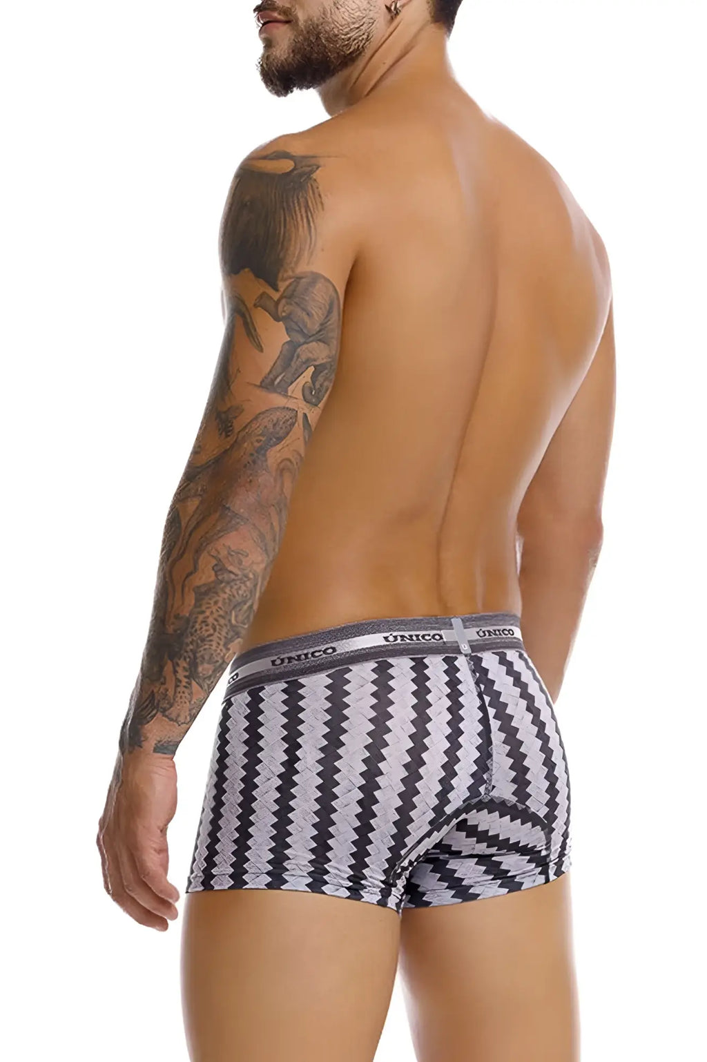 Unico 25040100118 tricotosa trunks in black and white zigzag patterned men’s boxer briefs with gray waistband