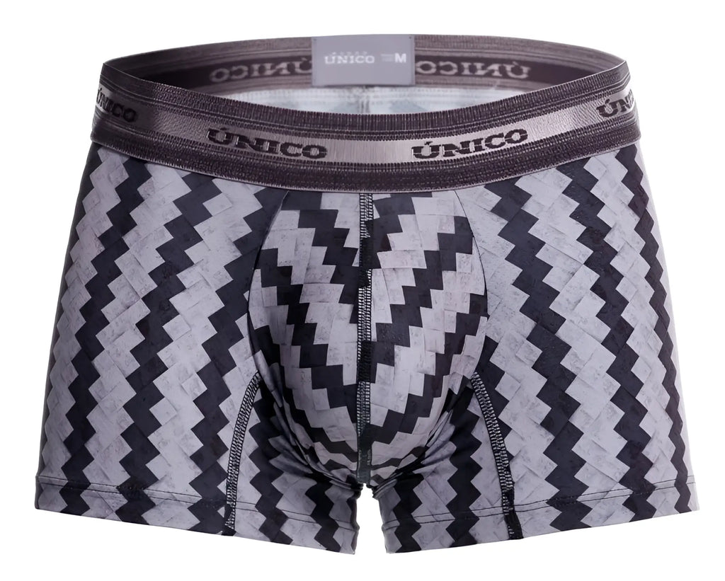 Unico 25040100118 tricotosa trunks men’s boxer briefs with gray and black zigzag pattern and branded elastic waistband