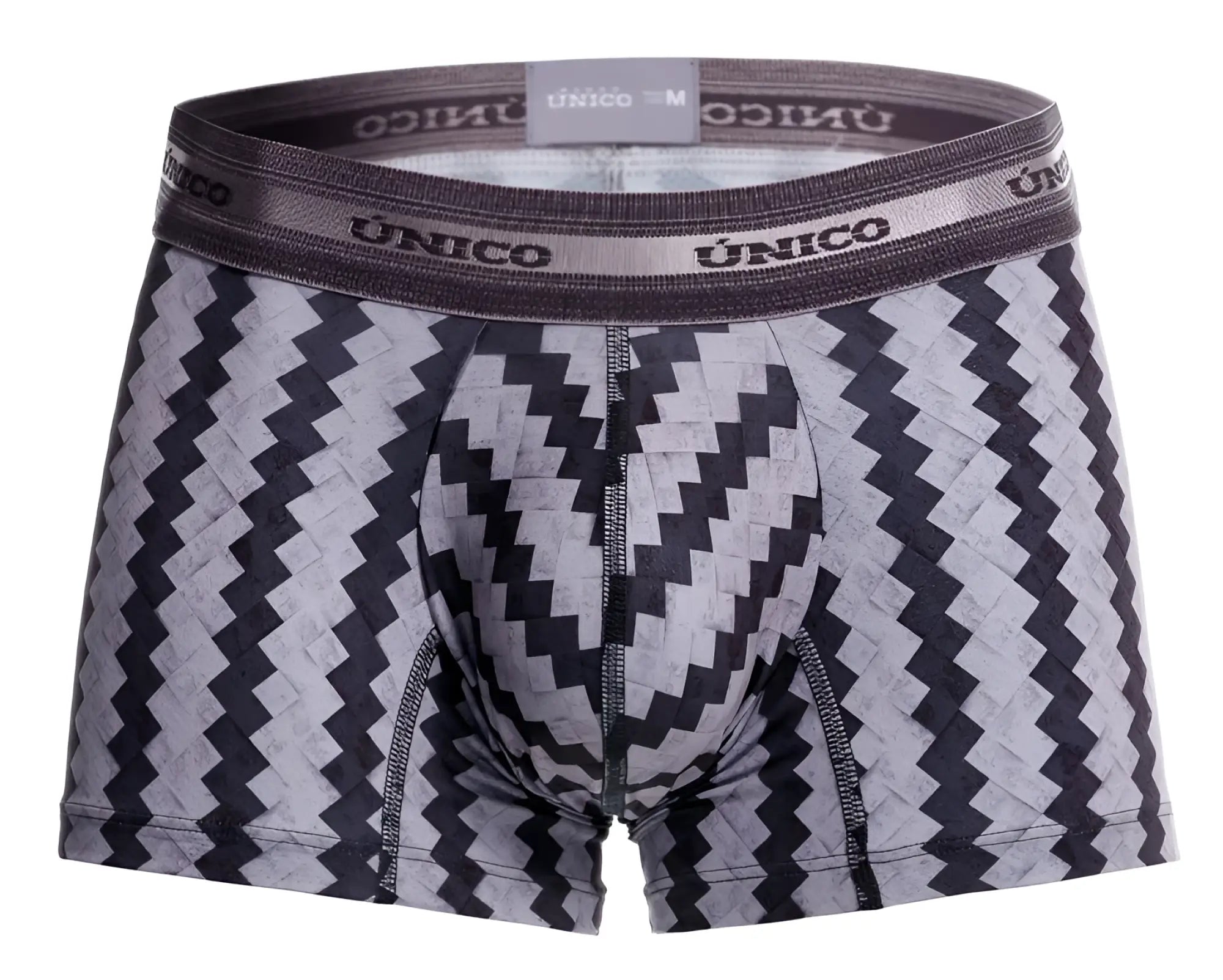 Unico 25040100118 tricotosa trunks men’s boxer briefs with gray and black zigzag pattern and branded elastic waistband