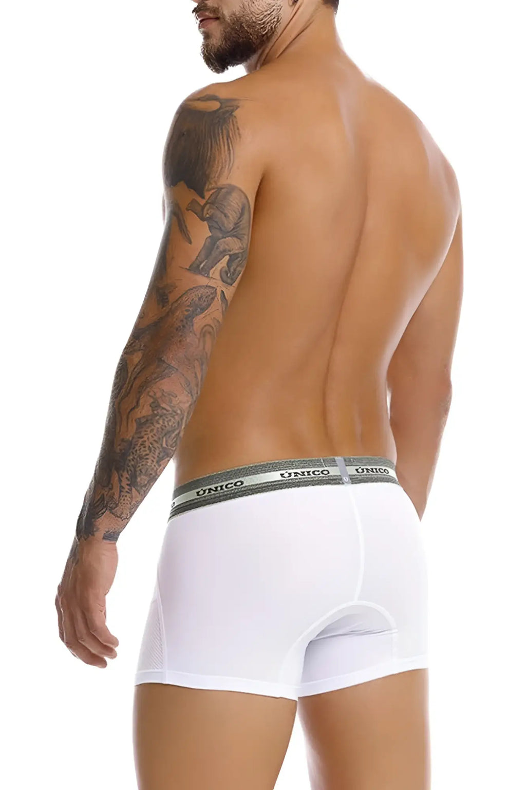 White unico boxer briefs with gray elastic waistband featuring brand name designed for comfort and support
