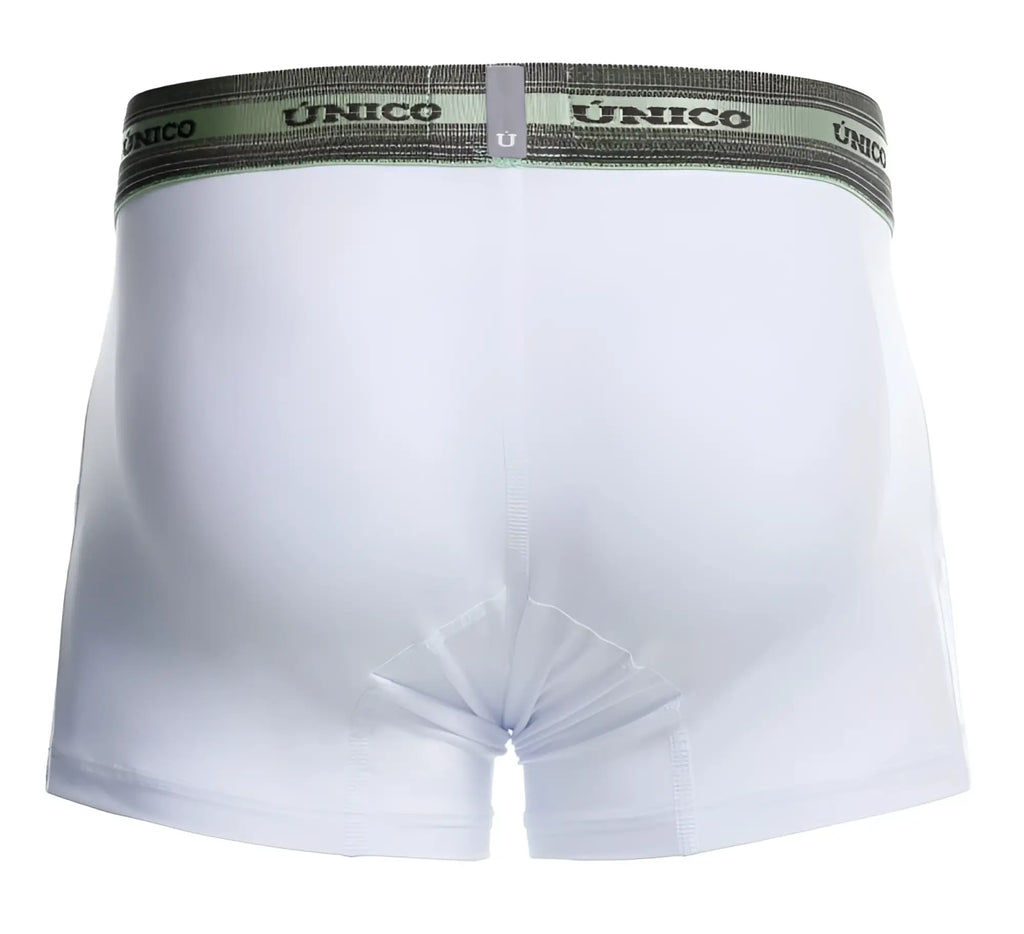 White unico 25040100122 sensacion trunks boxer briefs with gray elastic waistband and black brand lettering