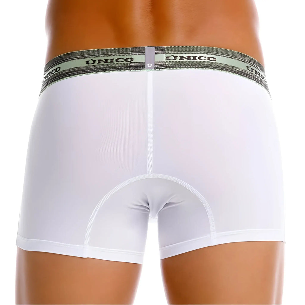 White unico boxer briefs with gray elastic waistband featuring black brand name lettering in color 00-white sensation trunks
