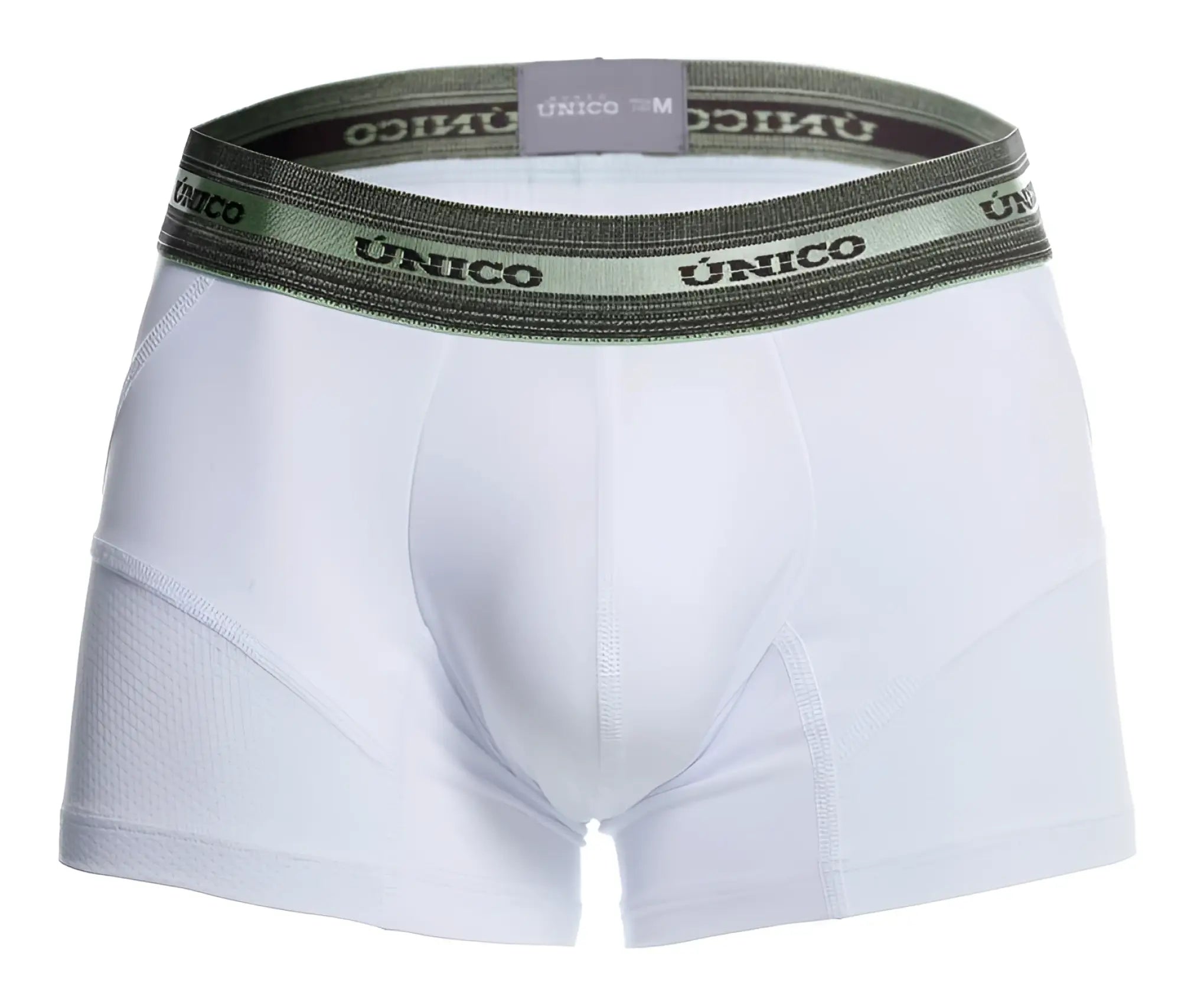 White unico men’s boxer briefs with dark green elastic waistband featuring the brand name in black lettering