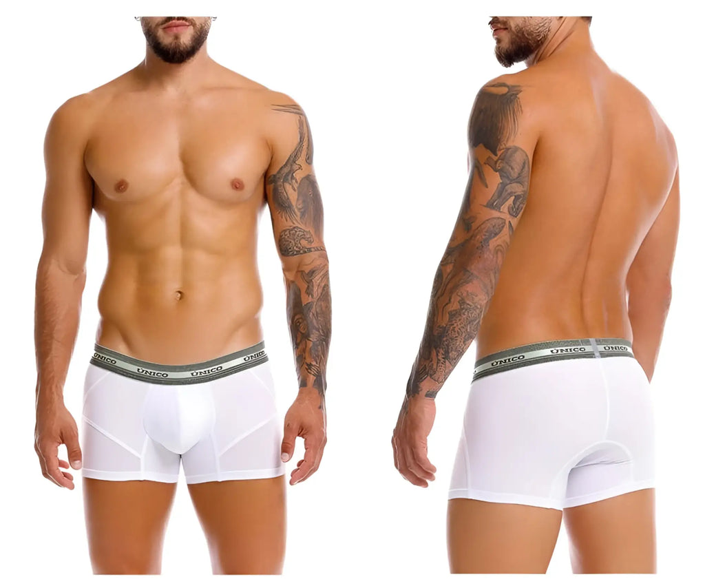 White unico men’s boxer briefs with gray elastic waistband branded unico 25040100122 sensacion trunks color 00-white