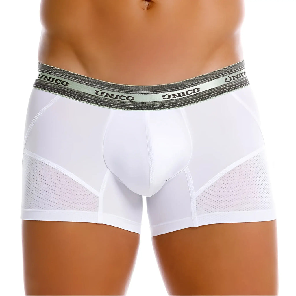 White unico 25040100122 Sensacion men’s boxer briefs with gray waistband and mesh side panels