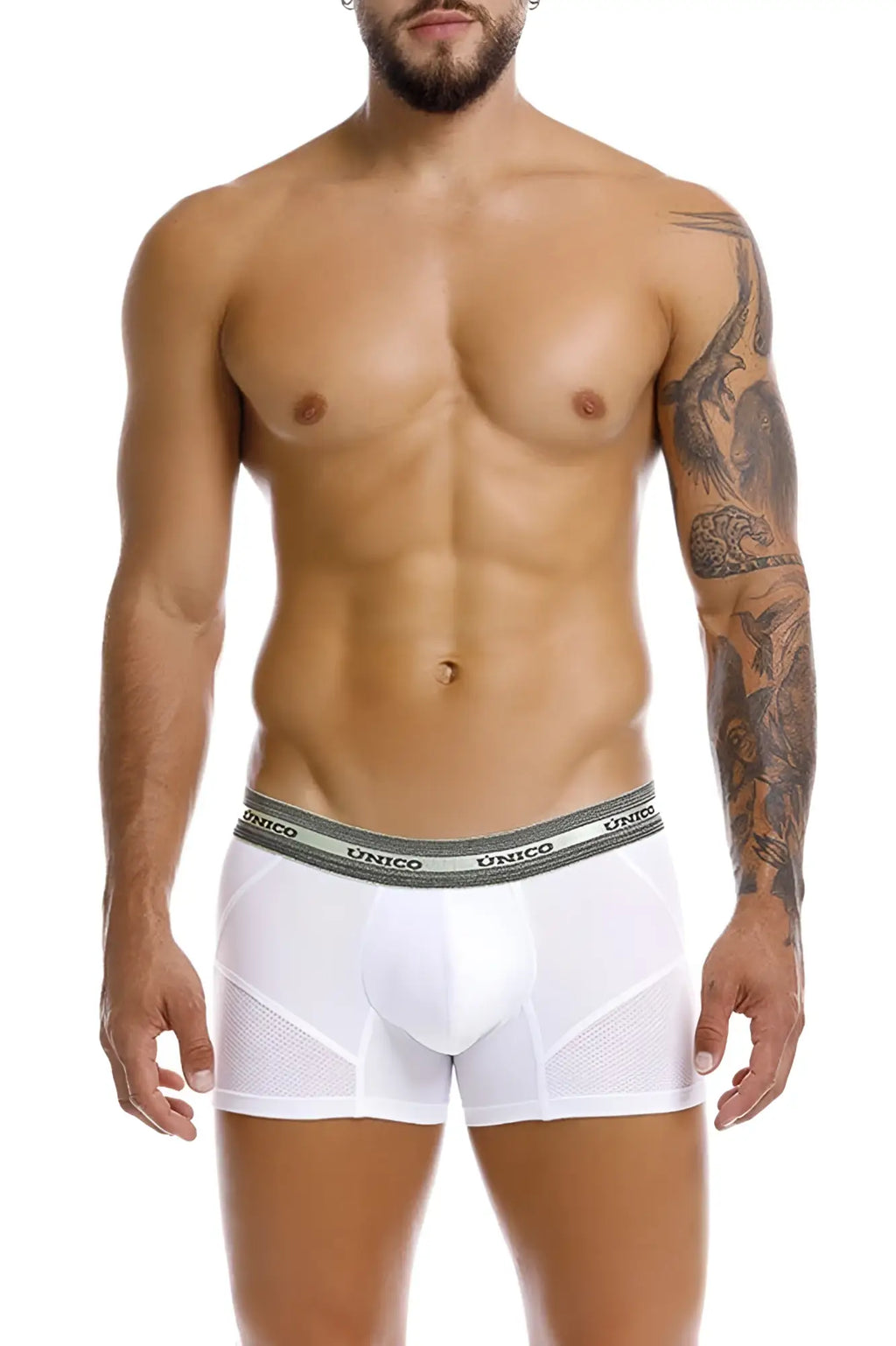 White unico men’s boxer briefs with gray elastic waistband featuring black brand name repeated sensacion trunks color white