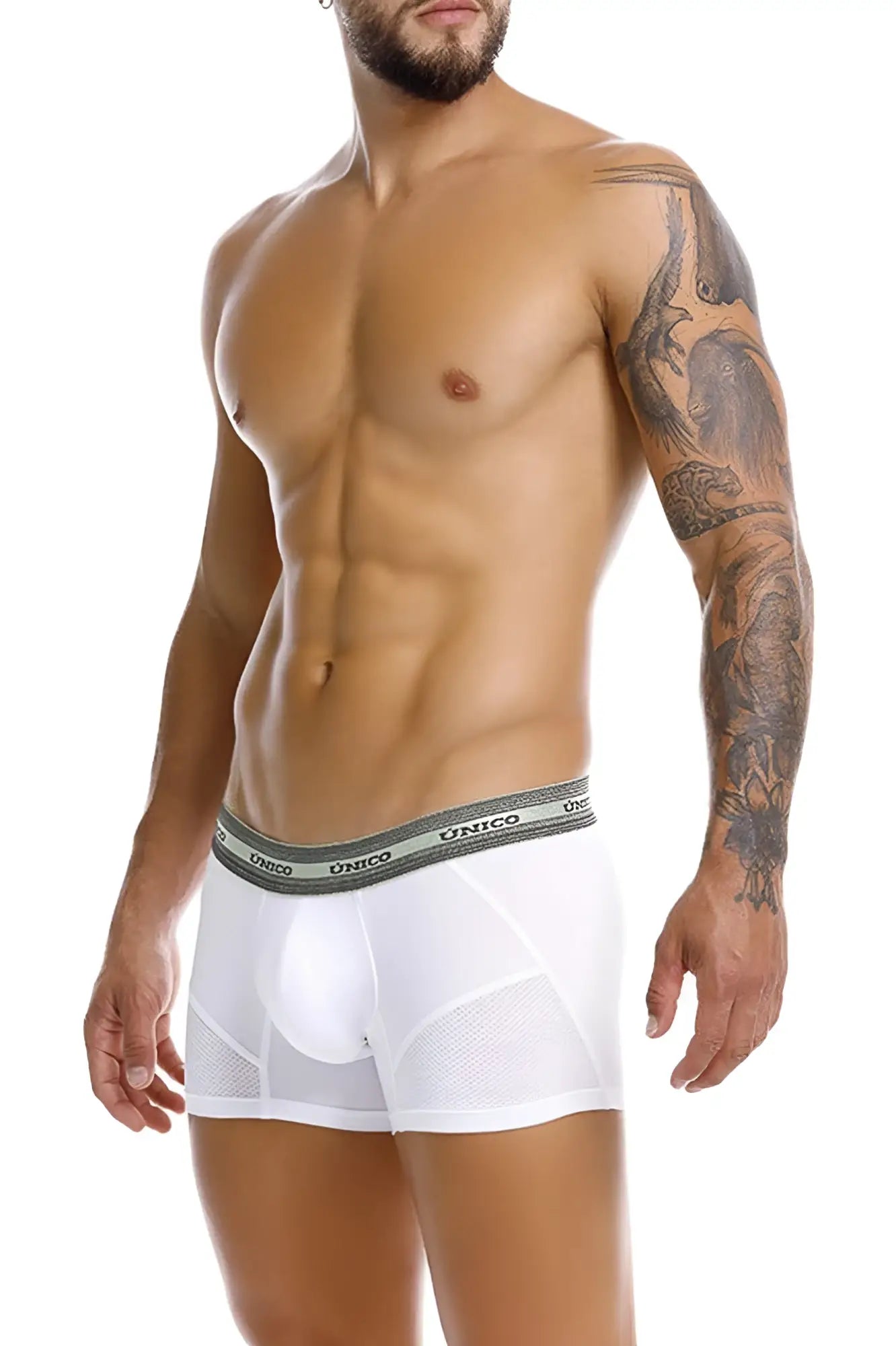 White unico 25040100122 Sensacion trunks boxer briefs with gray waistband and breathable mesh panels for comfort