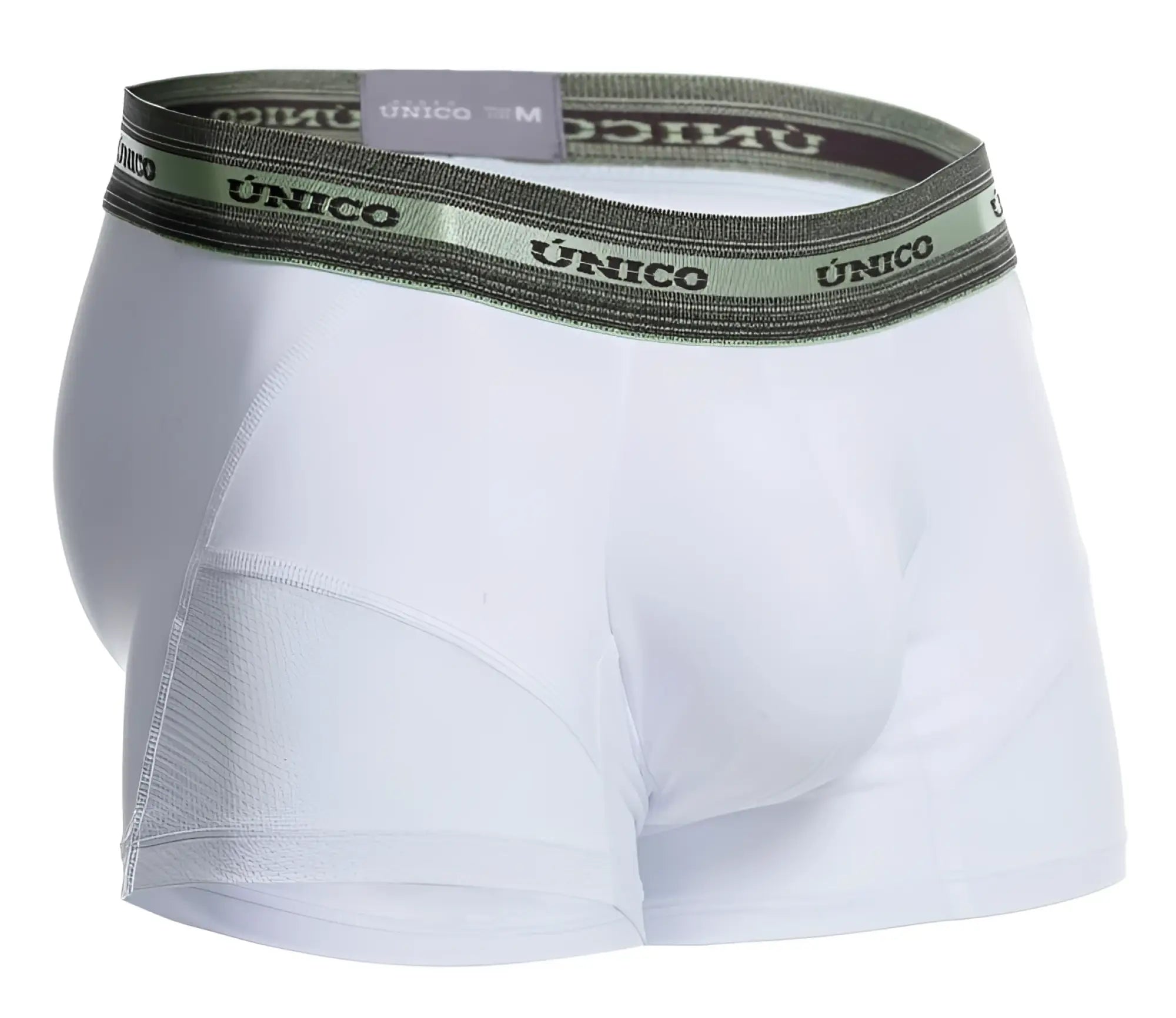 White unico men’s boxer briefs with a green and black elastic waistband featuring the brand name in bold lettering