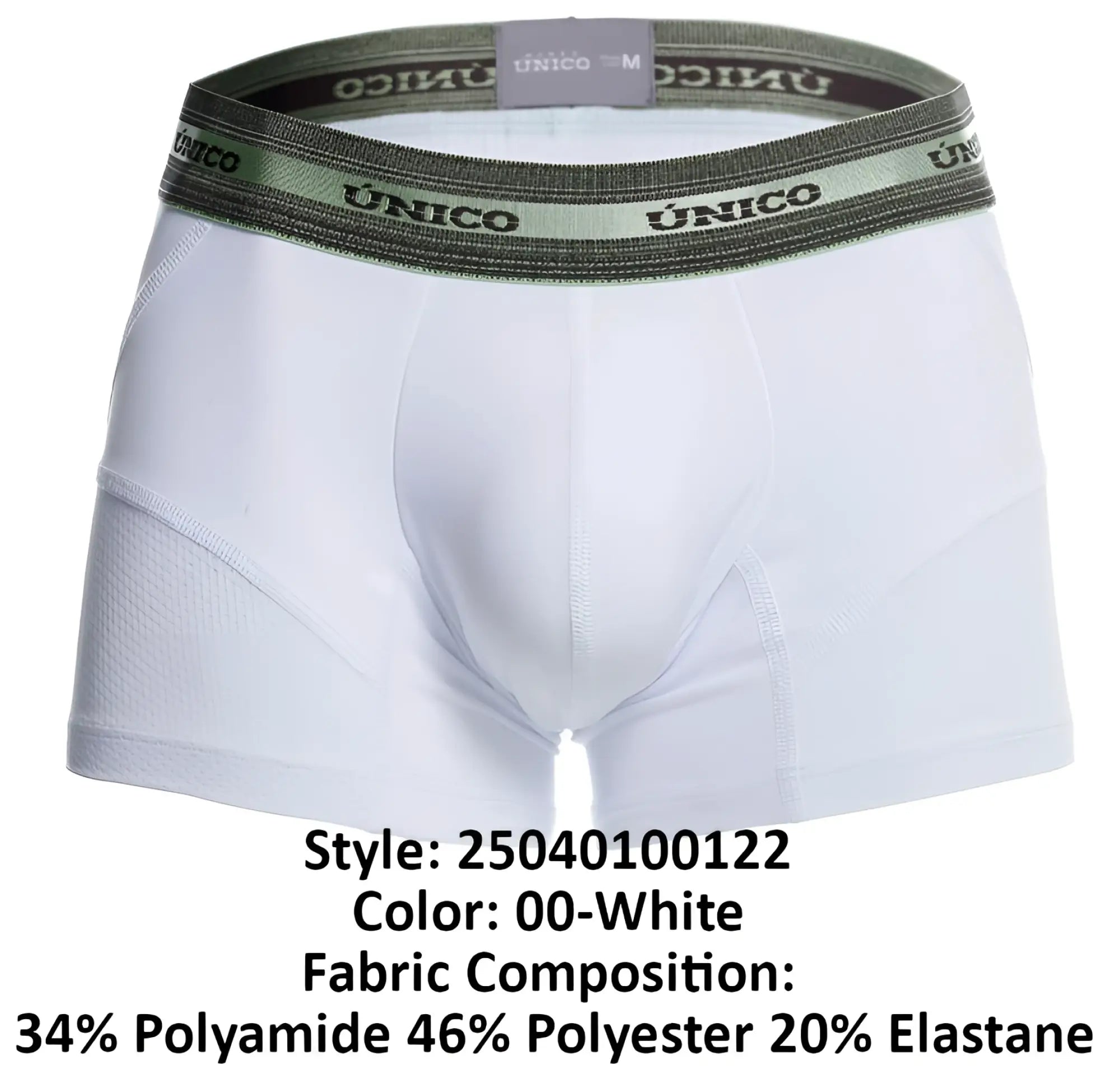 White unico men’s boxer briefs with olive green elastic waistband featuring the brand name in black lettering