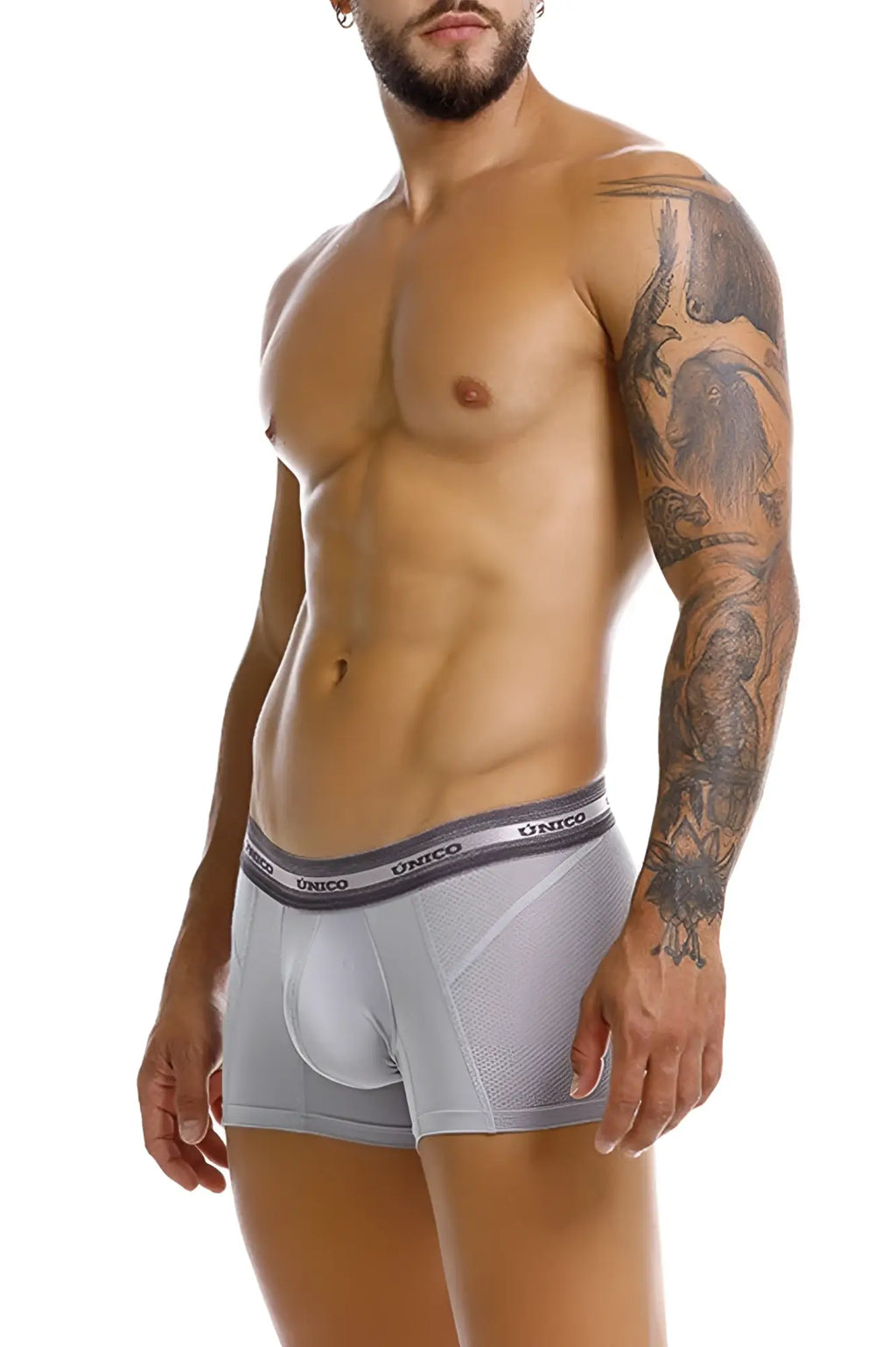 Gray unico boxer briefs with a supportive contoured design and branded elastic waistband in color 59-gray