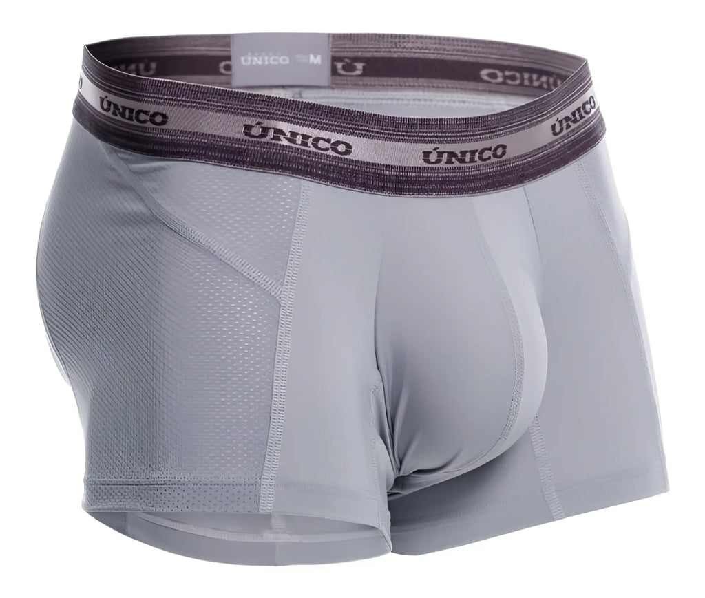 Gray unico men’s boxer briefs with mesh panel and branded waistband in color 59-gray for comfortable wear