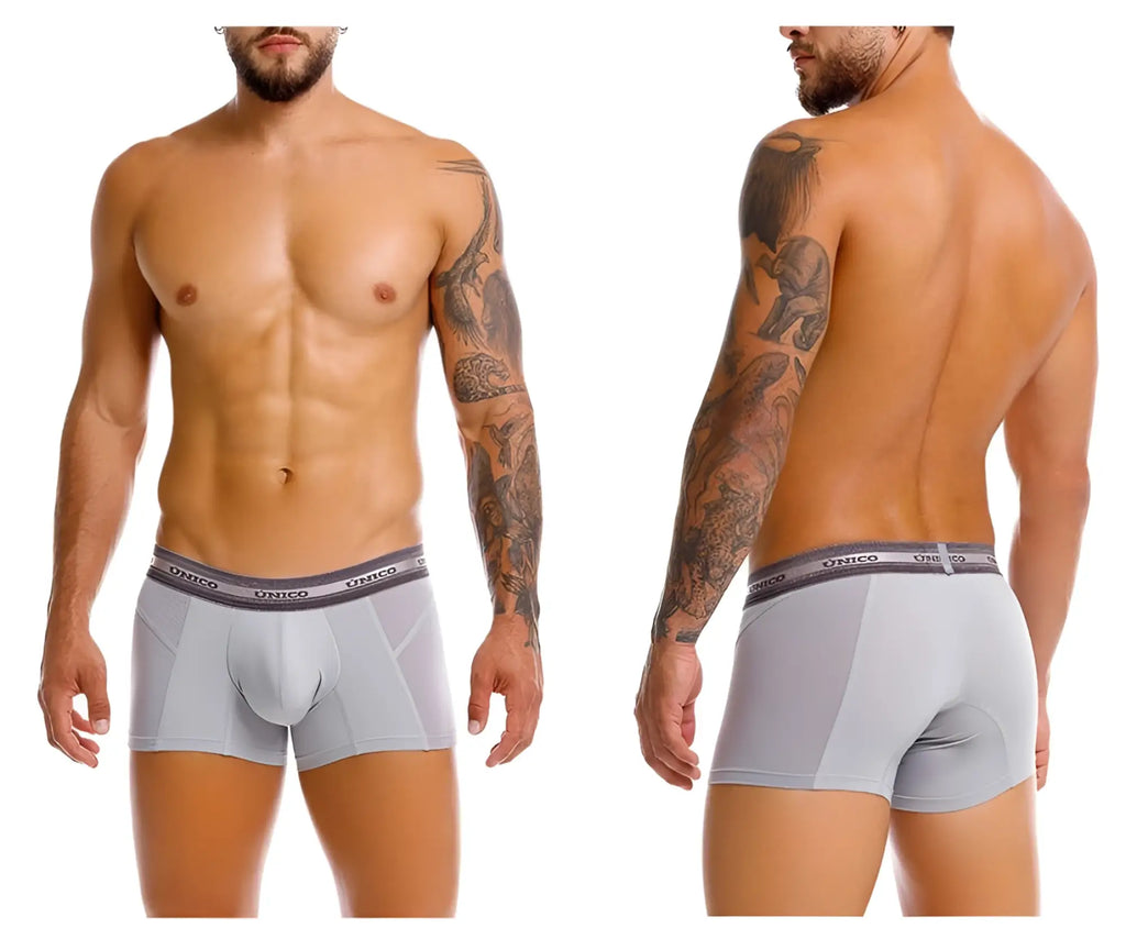 Gray unico men’s boxer briefs with supportive design and mesh paneling in color 59 gray for comfortable wear