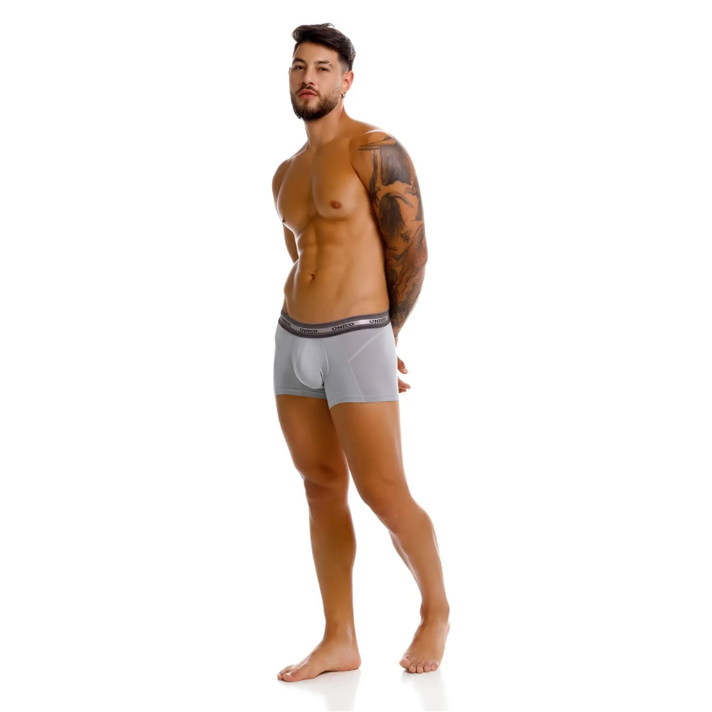 Gray Unico 25040100123 Albaricoque trunks with dark gray elastic waistband featuring brand name for comfortable wear