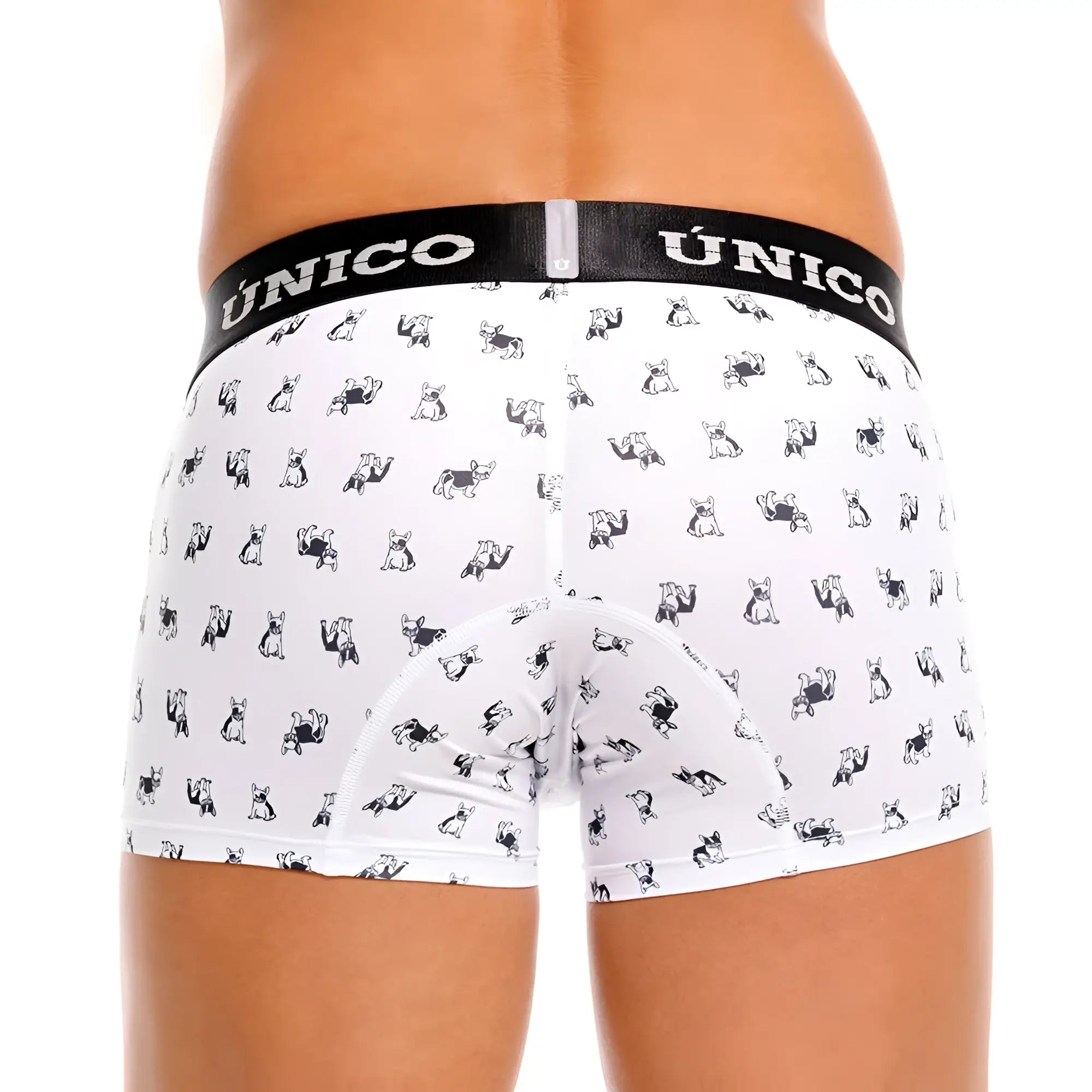 White unico 25040100130 frenchis trunks with black and white cartoon dog pattern and branded elastic waistband