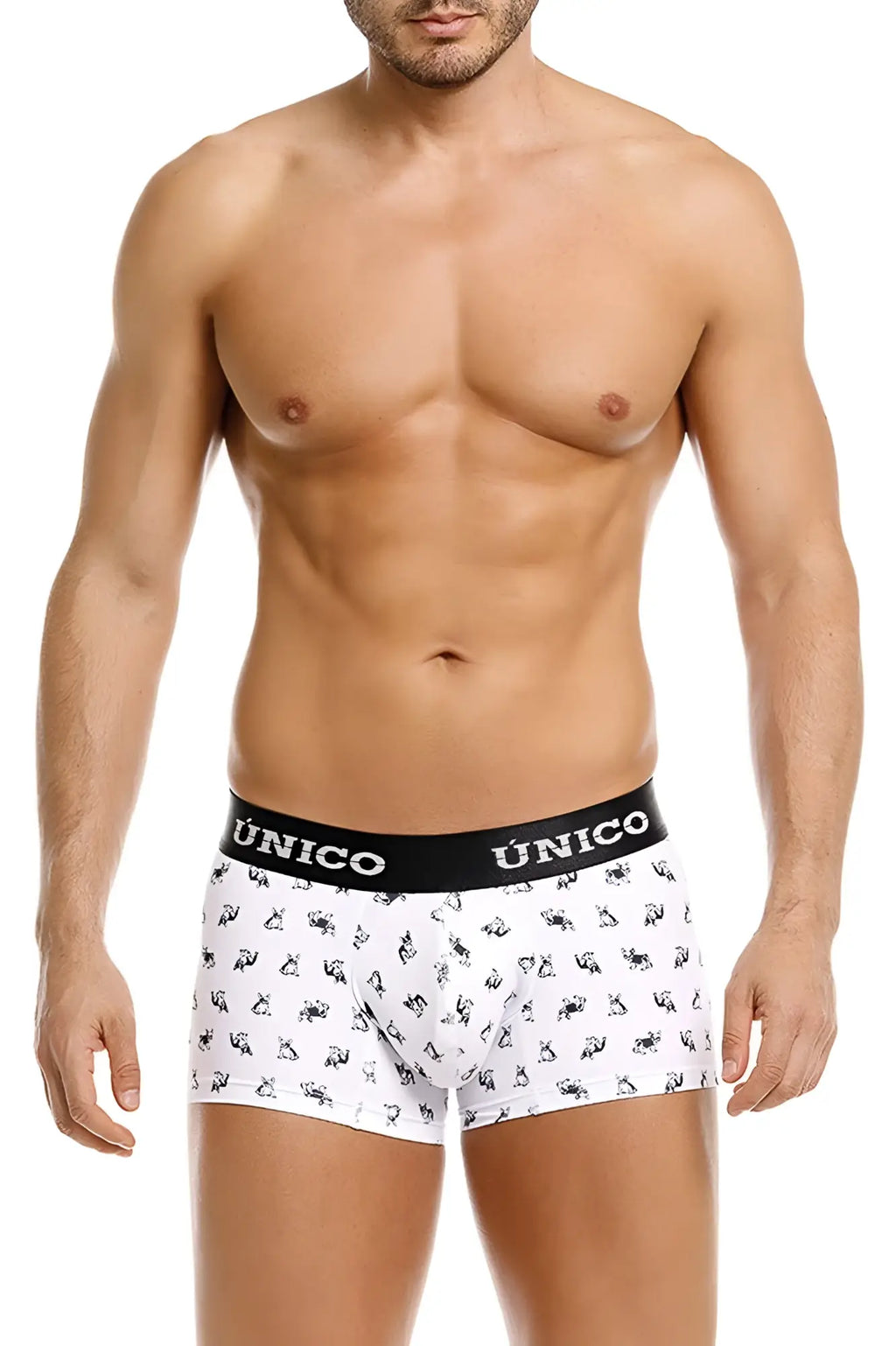 White frenchis trunks briefs with a black unico waistband and small black animal prints color 00-white