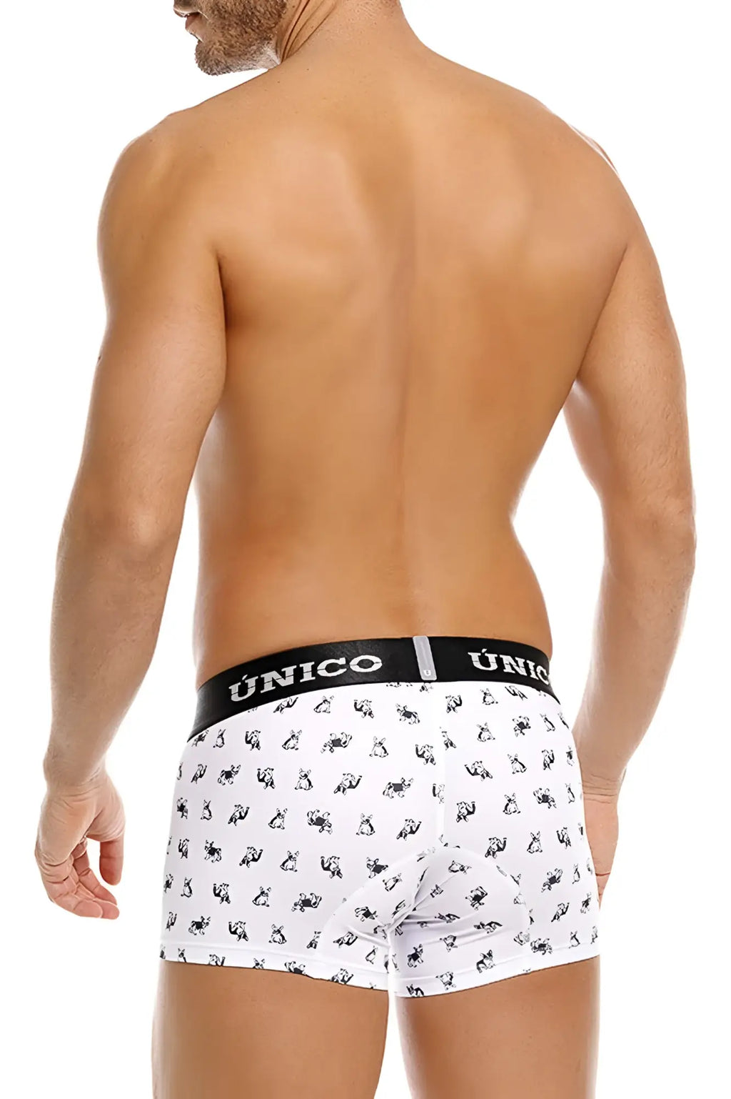 White unico 25040100130 frenchis trunks with black animal pattern and contrasting black elastic waistband in white