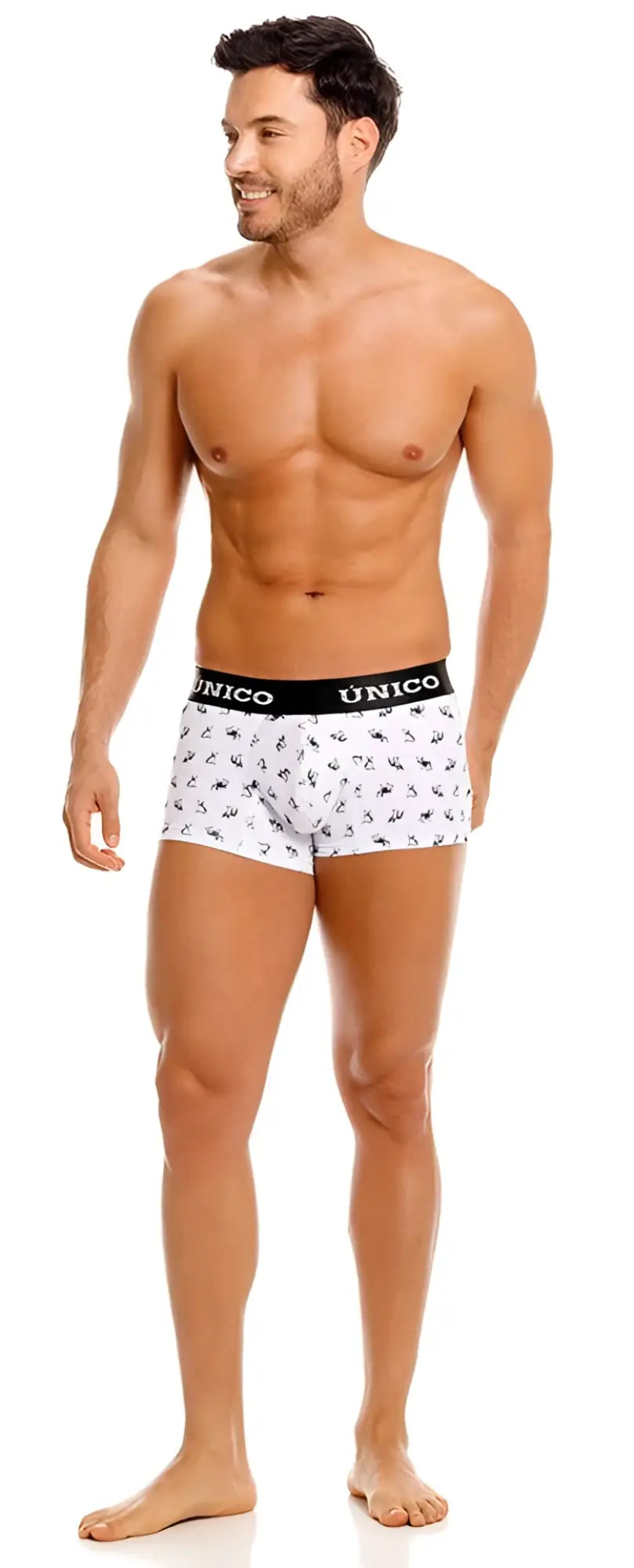 White unico boxer briefs with black elastic waistband branded unico and dark blue insect patterns color white